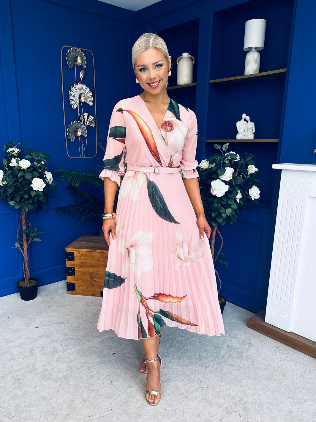 knee length dresses for ladies Danny Pleated Midi Dress Leaf Pink – Canella Lane