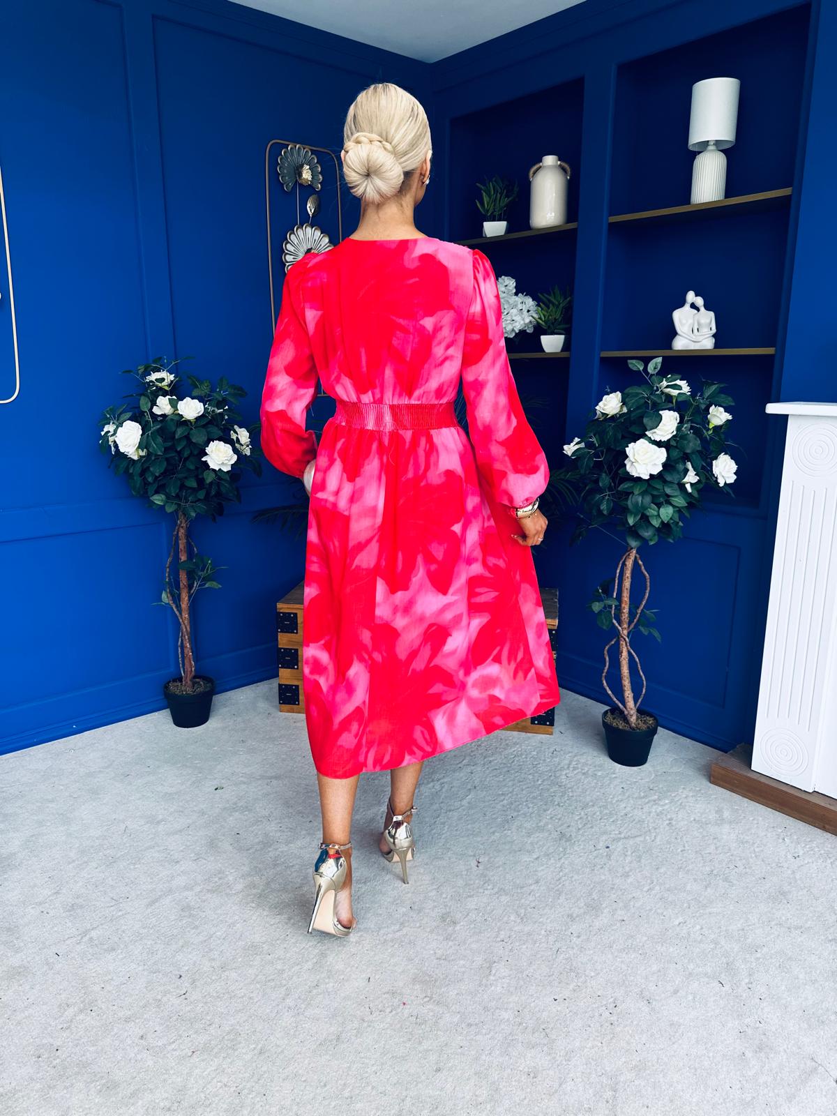 Orlaith Banded Midi Dress Floral Hot Pink