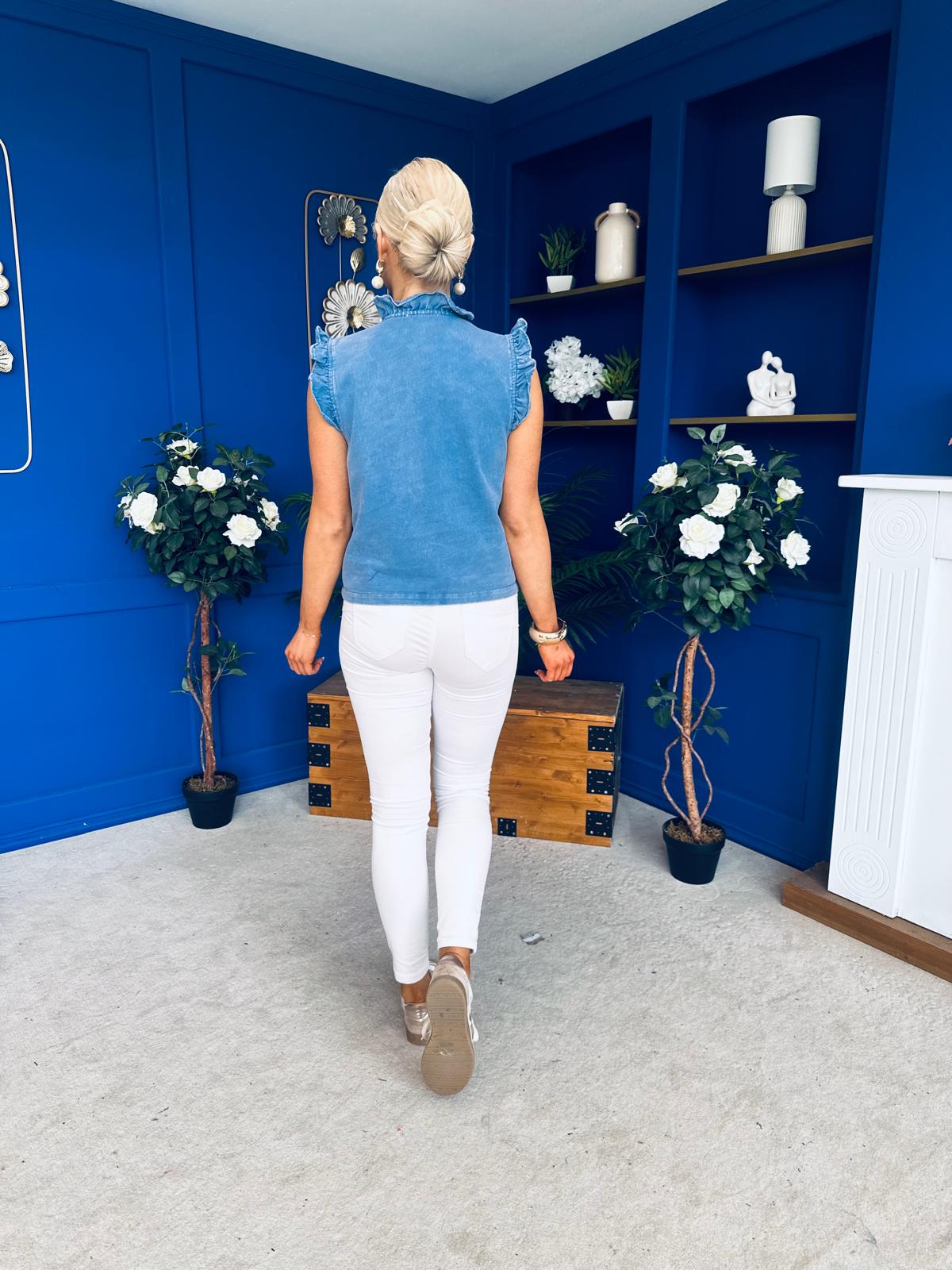Denise Gold Button Down Denim Top Blue