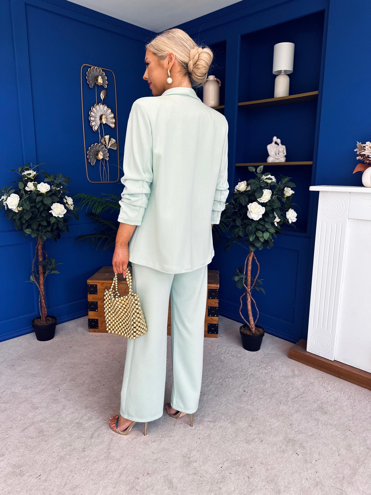 Danika Ruched Blazer & Belted Trouser Set Mint