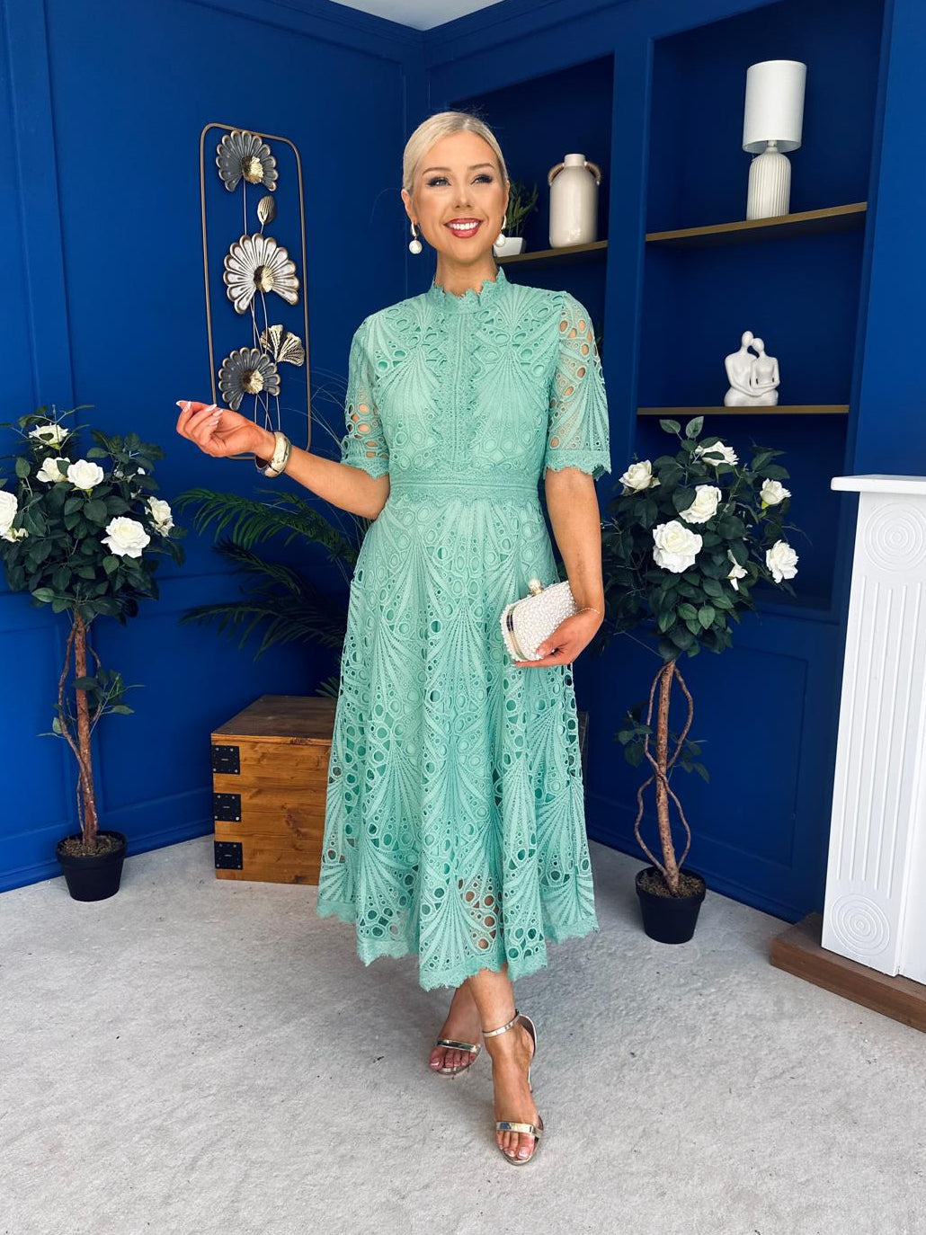 Alva Crochet Detail Occasion Dress Green Canella Lane Alva Crochet Detail Occasion Dress Green Canella Lane
