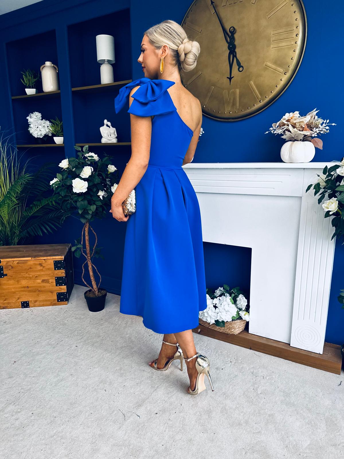 Natalie One Shoulder Bow Detail Occasion Dress Cobalt