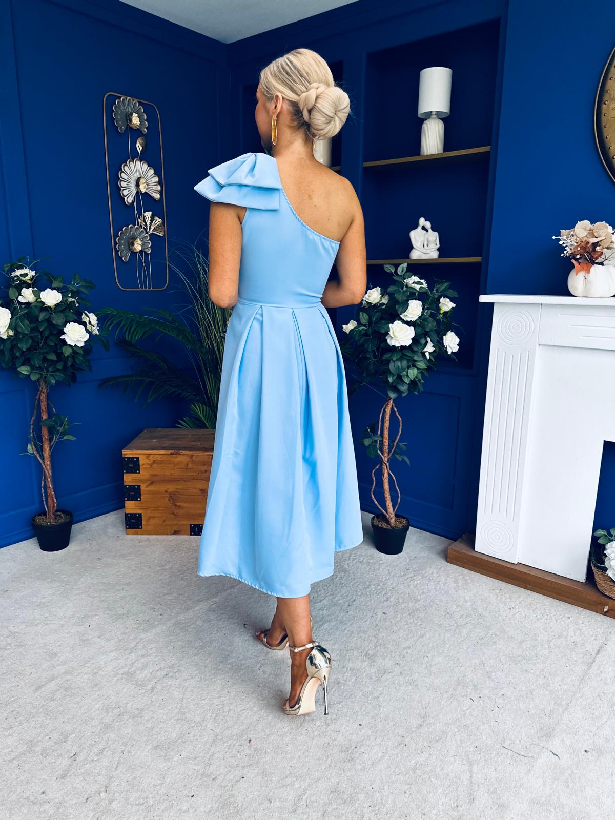 Natalie One Shoulder Bow Detail Occasion Dress Pwr Blue