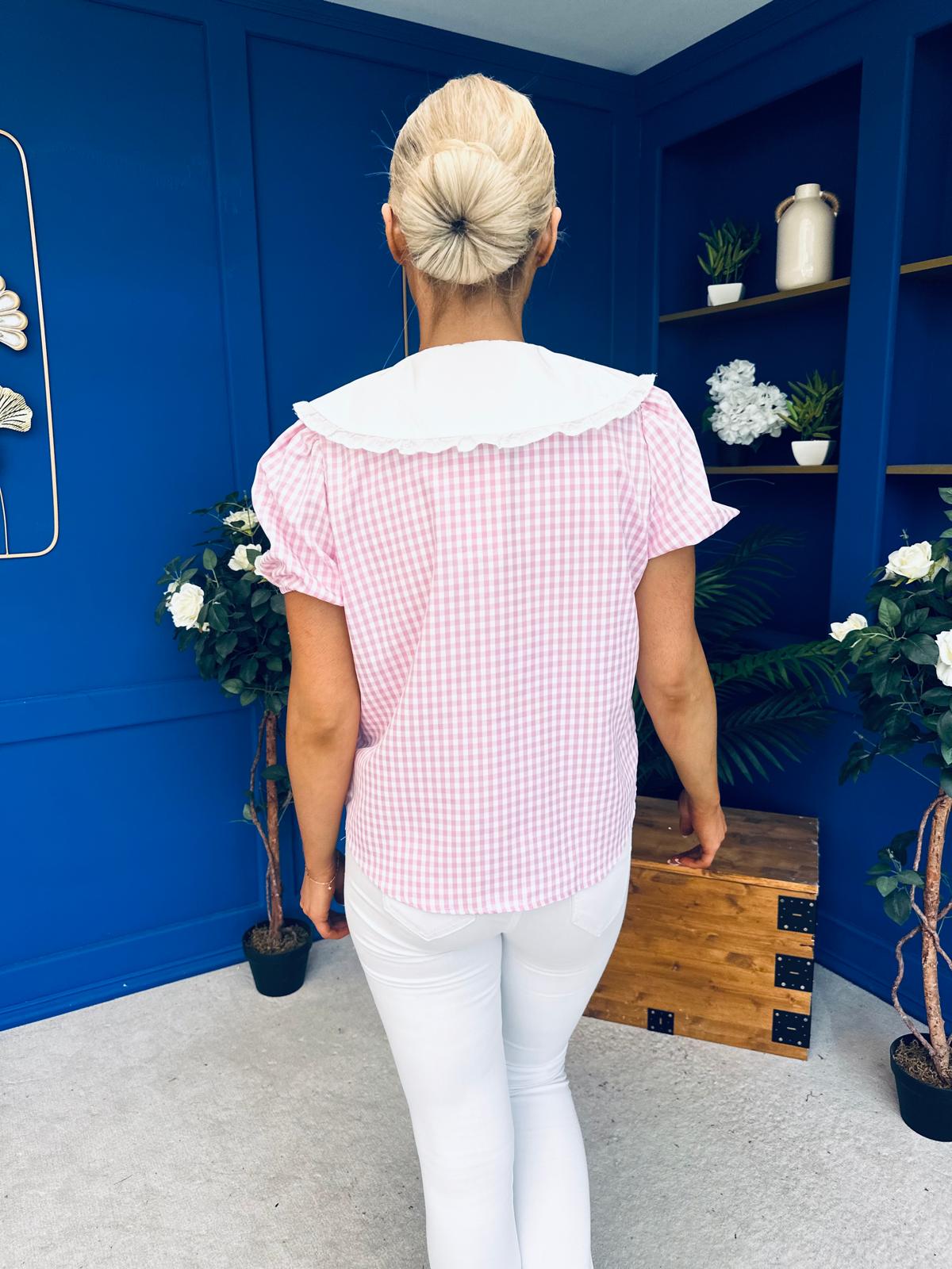 Mel Collar Detail Check Blouse Pink