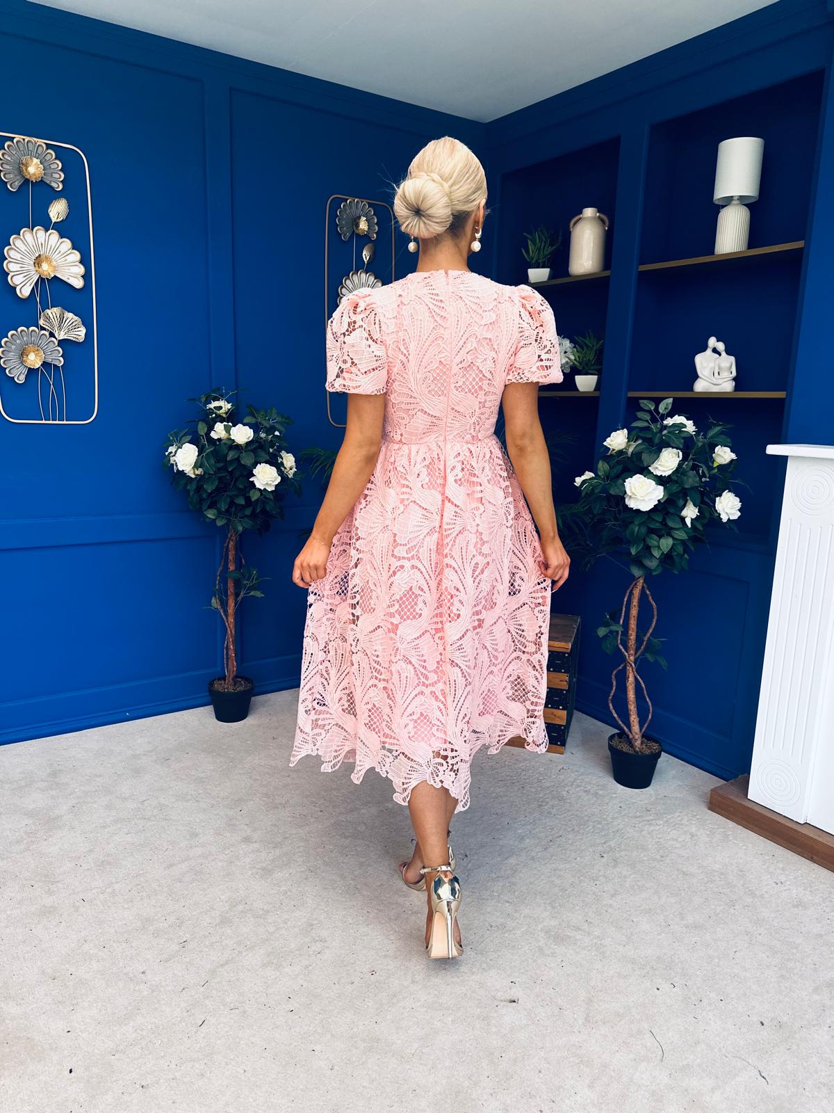 Marguerite Round Neck Puff Sleeve Midi Dress Pink Lace