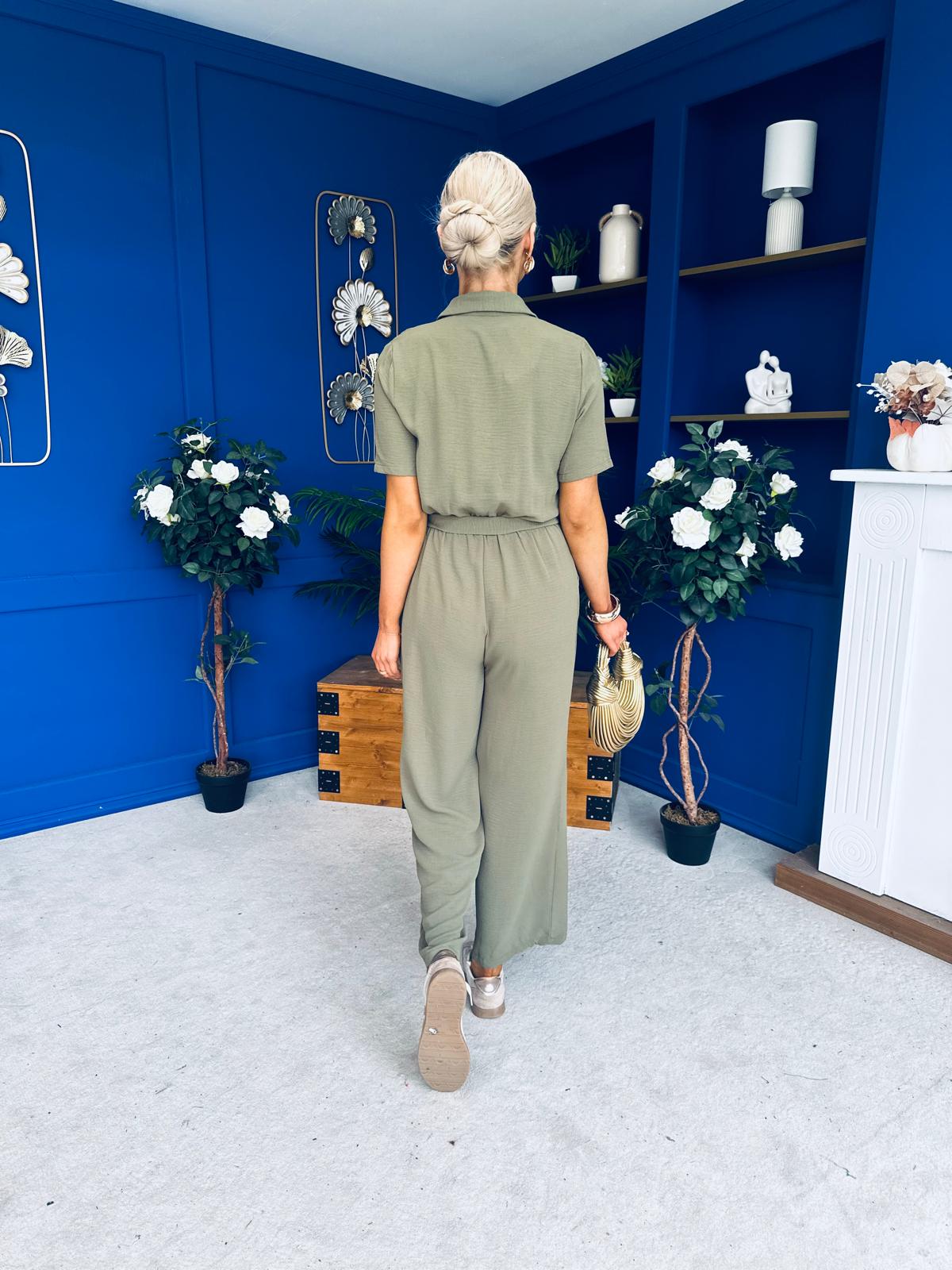 Daisy Short Sleeve Belted Jumpsuit Khaki