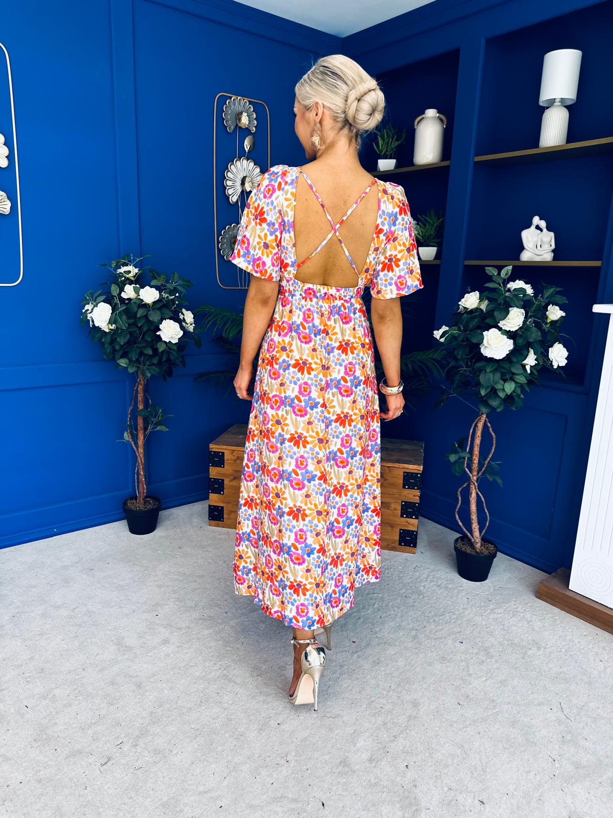 Nina Open Back Midi Dress Floral Pink