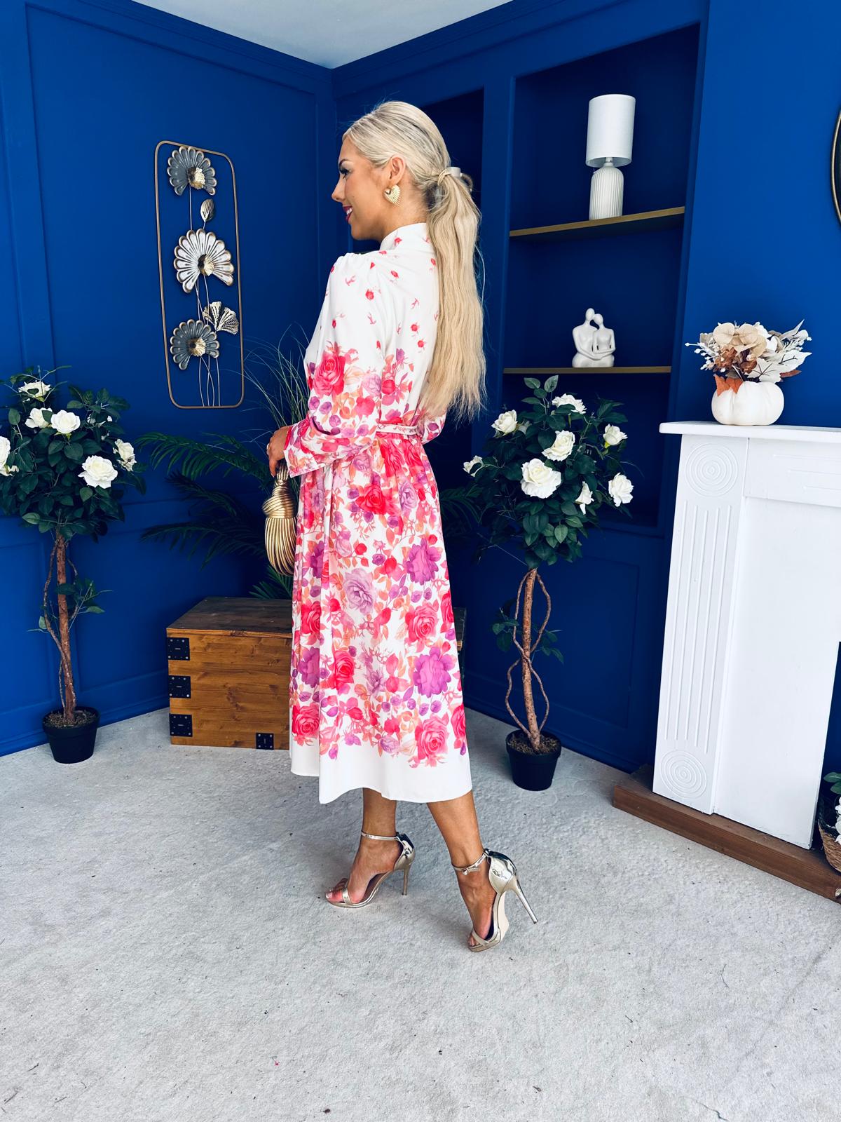 Phillipa Button Detail Midi Dress Floral White