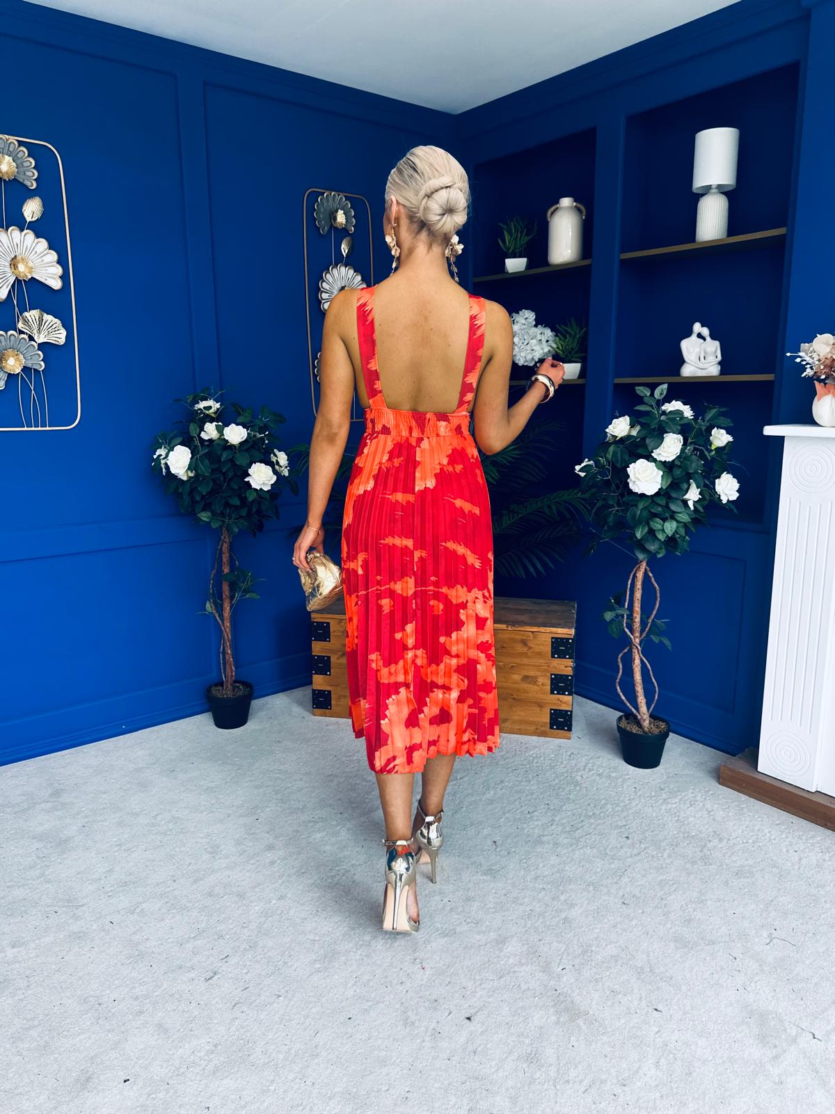 Carly Pleated Midi Dress Floral Coral