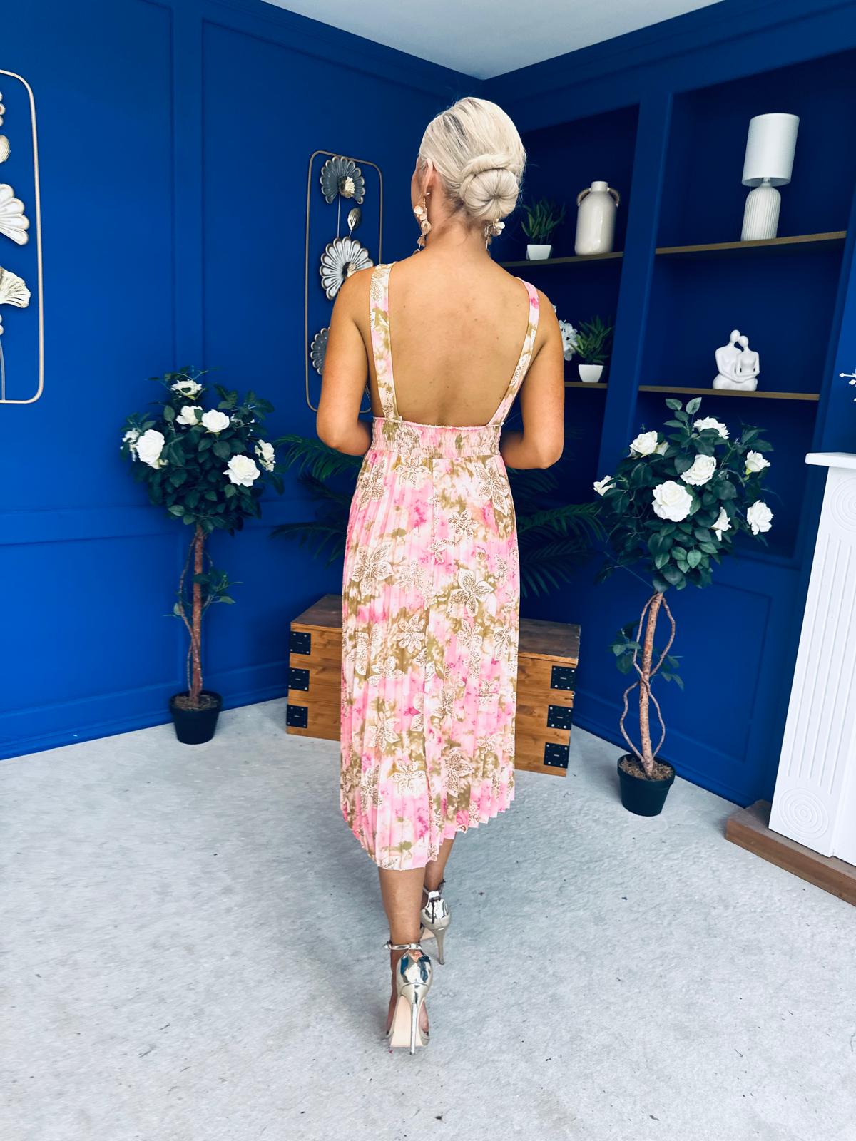 Carly Pleated Midi Dress Floral Blush