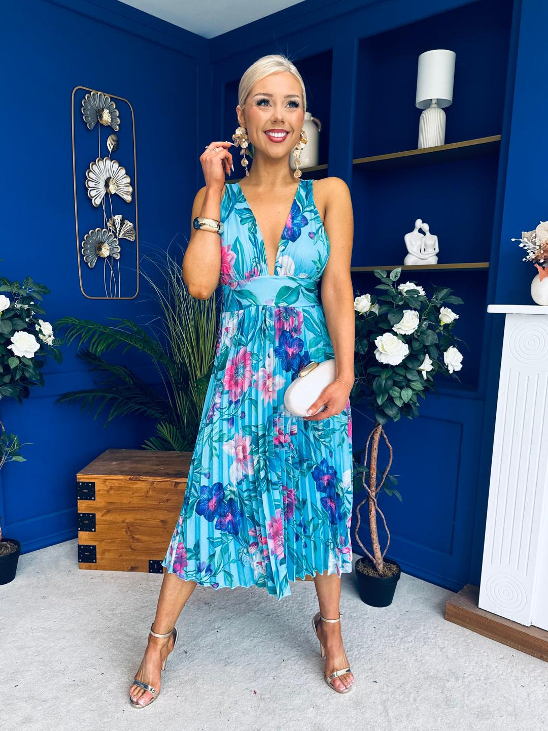 Carly Pleated Midi Dress Floral Blue