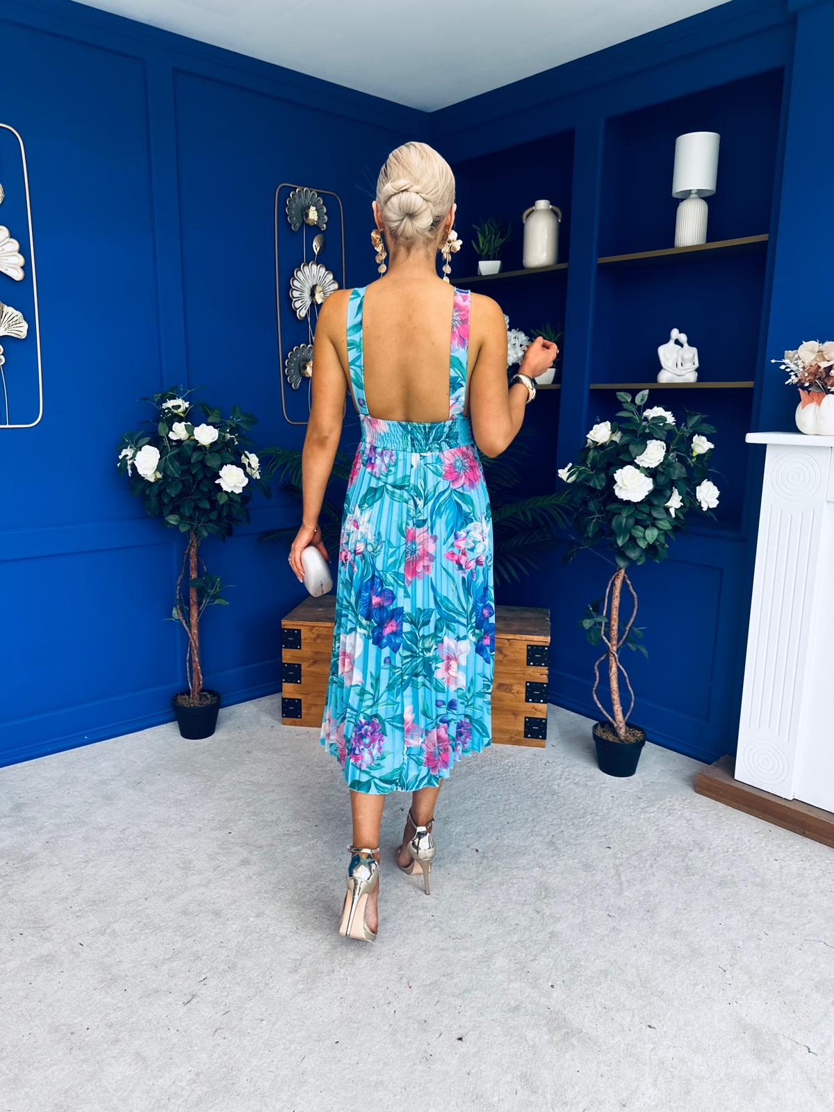 Carly Pleated Midi Dress Floral Blue