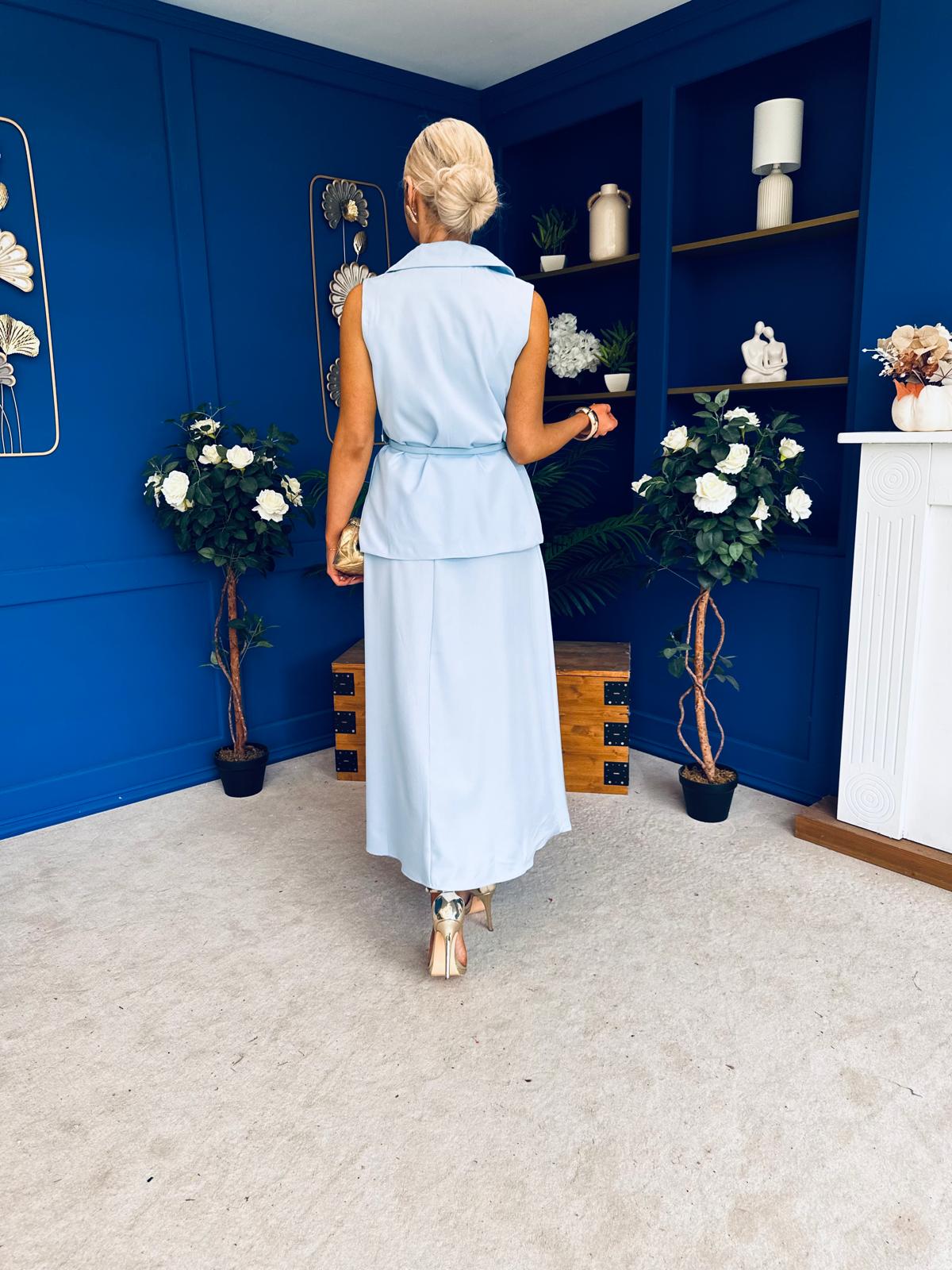 Elsie Detailed Waistcoat & Skirt Set Blue