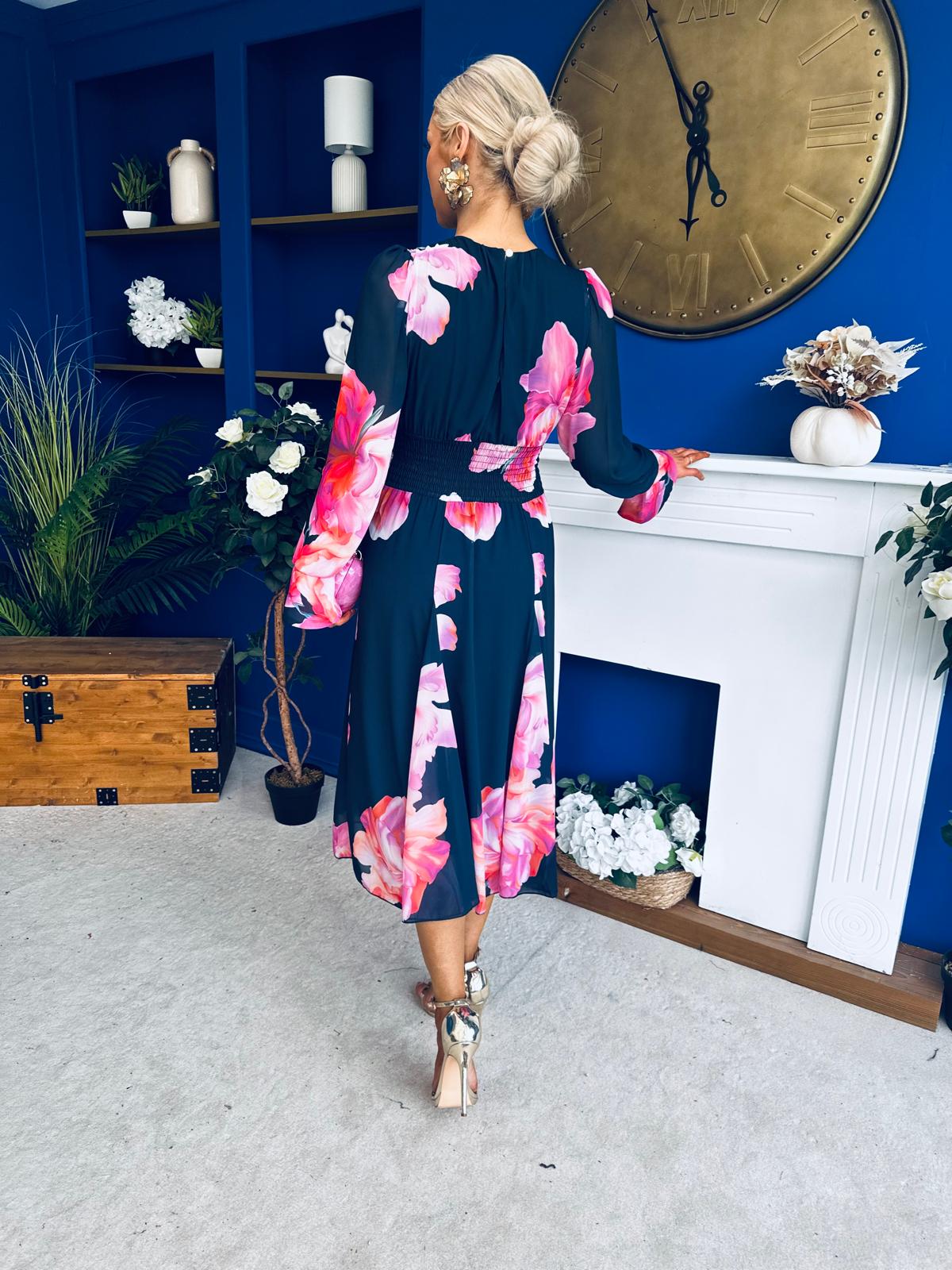 Kaylinn Banded Midi Dress Floral Navy