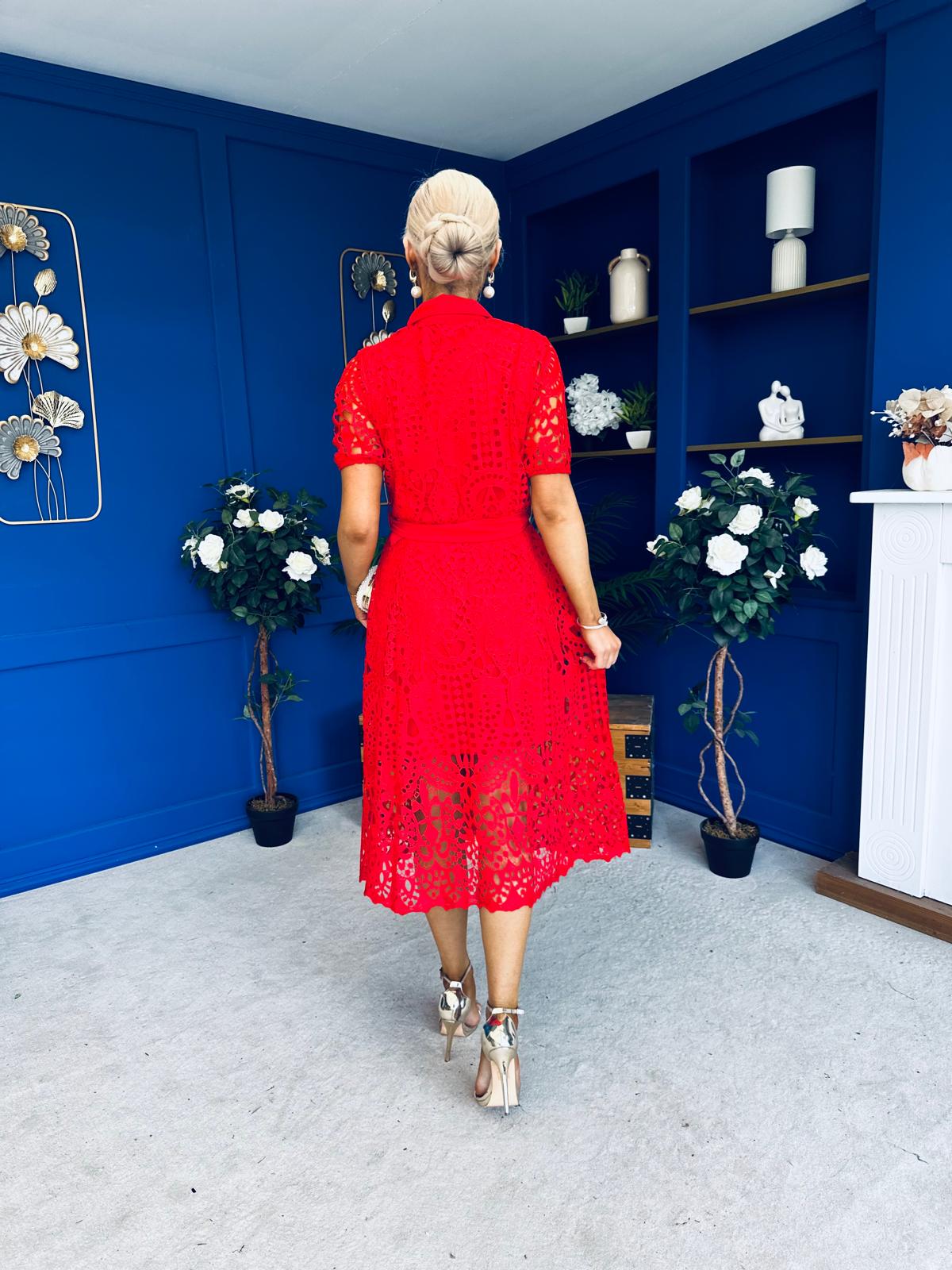 Meadow Short Sleeve Crochet Midi Dress Red