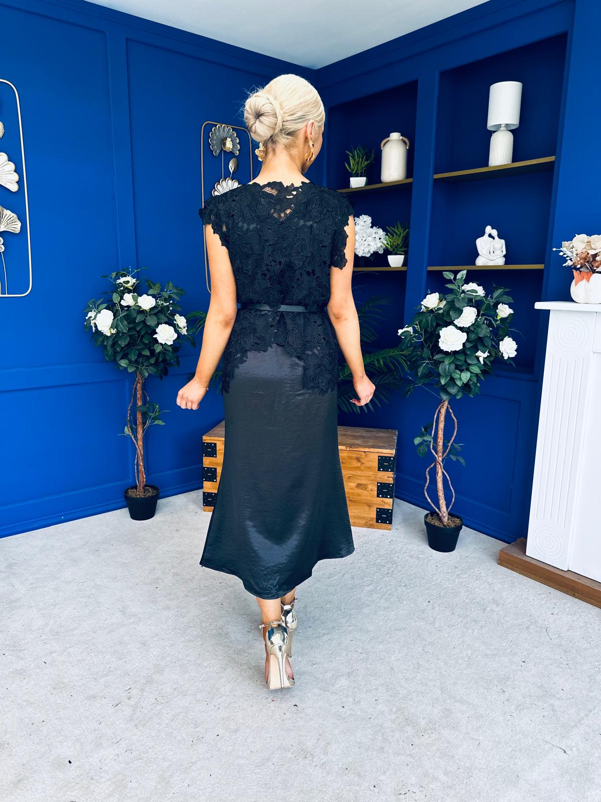 Tara Crochet Top & Satin Dress Set Black