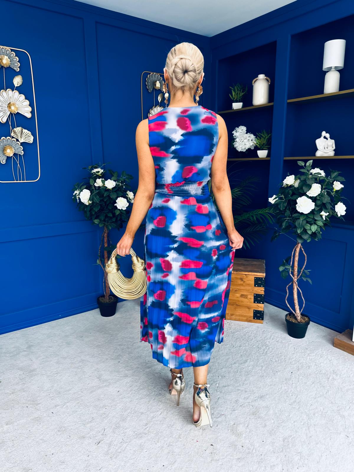 Robyn Pleated Midi Dress Marble Navy