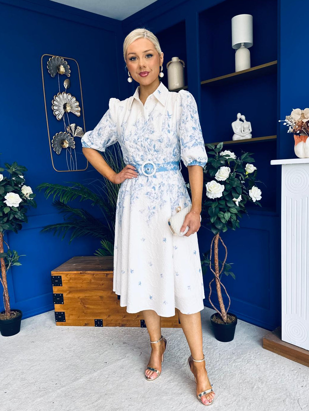 Holland Collar Midi Dress White & Blue