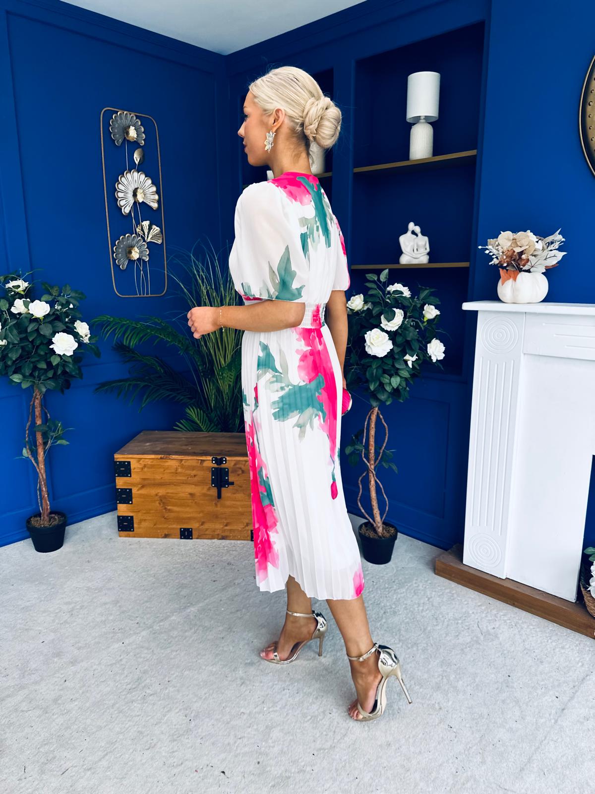 Saorlaith Pleated Midi Dress Floral White