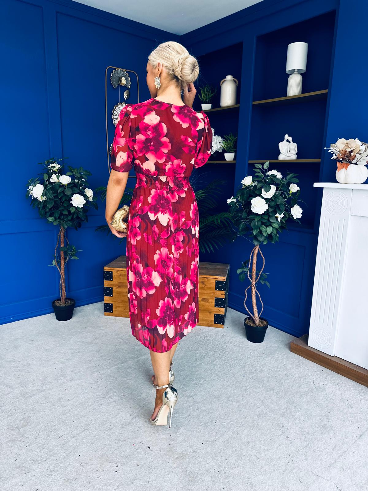 Saorlaith Pleated Midi Dress Floral Ruby