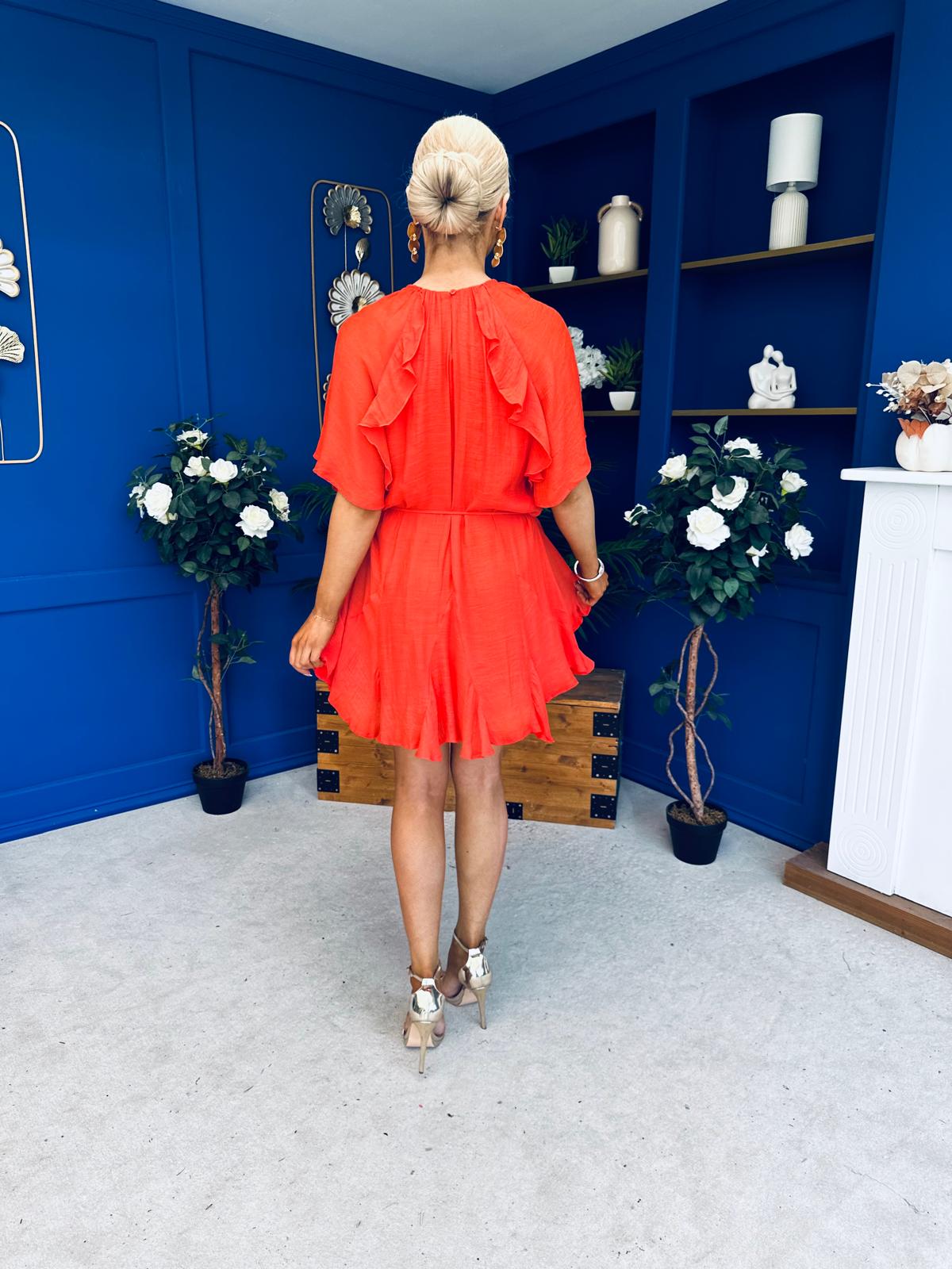 Romy Frill Detail Mini Dress Coral