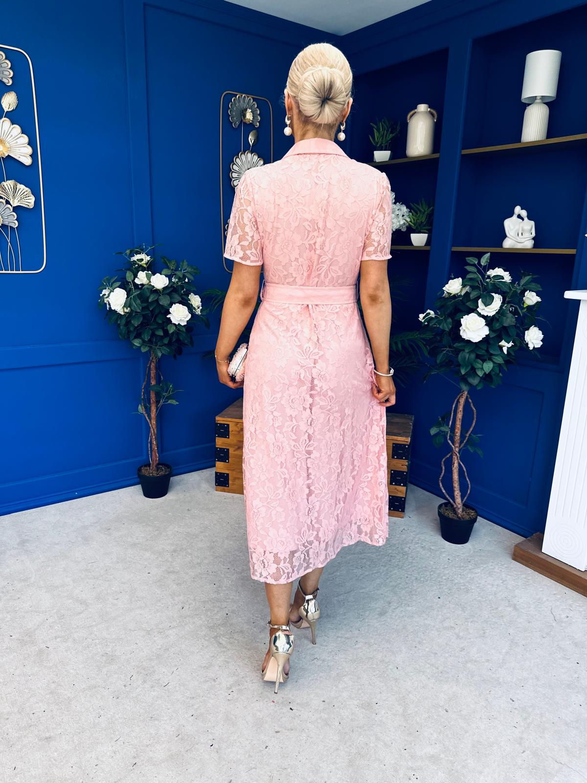 Tansy Short Sleeve Lace Shirt Dress Pink