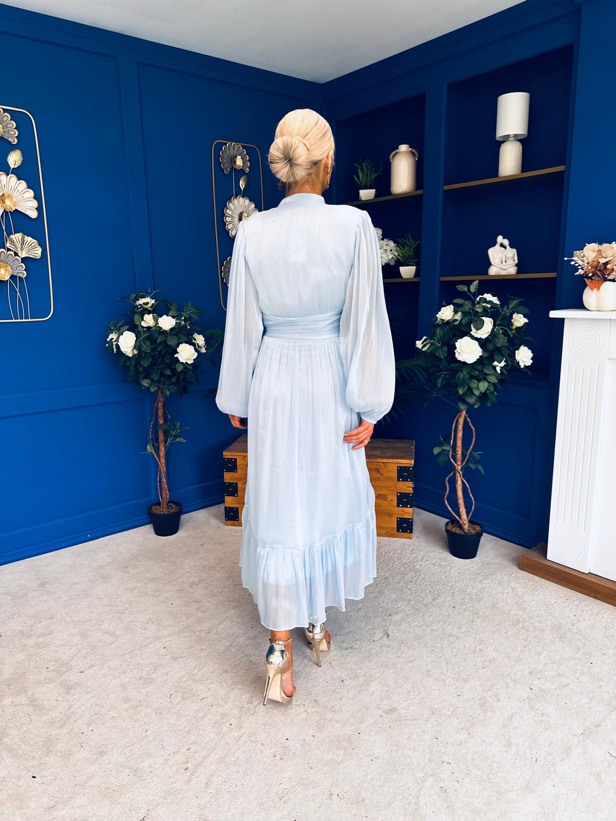Jacqueline Gathered Satin Occasion Dress Baby Blue