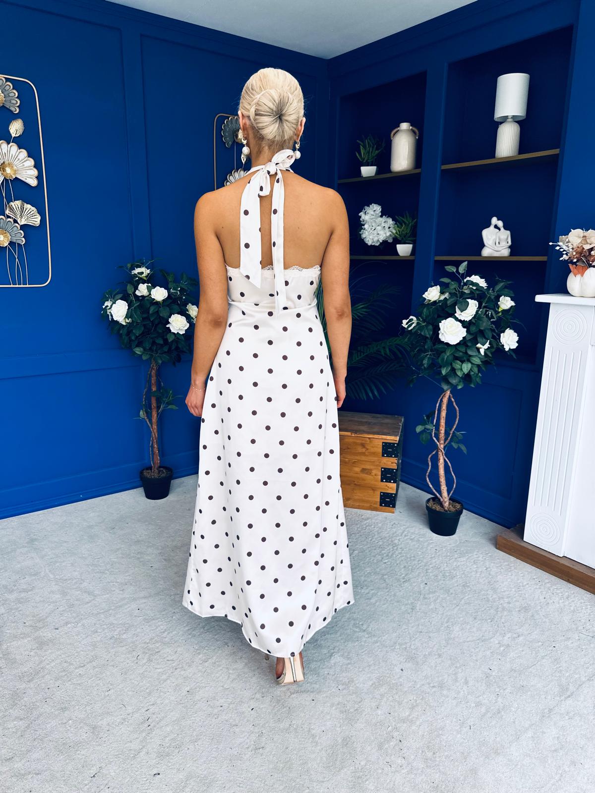Georgie Lace Trim Halterneck Dress Polka Cream