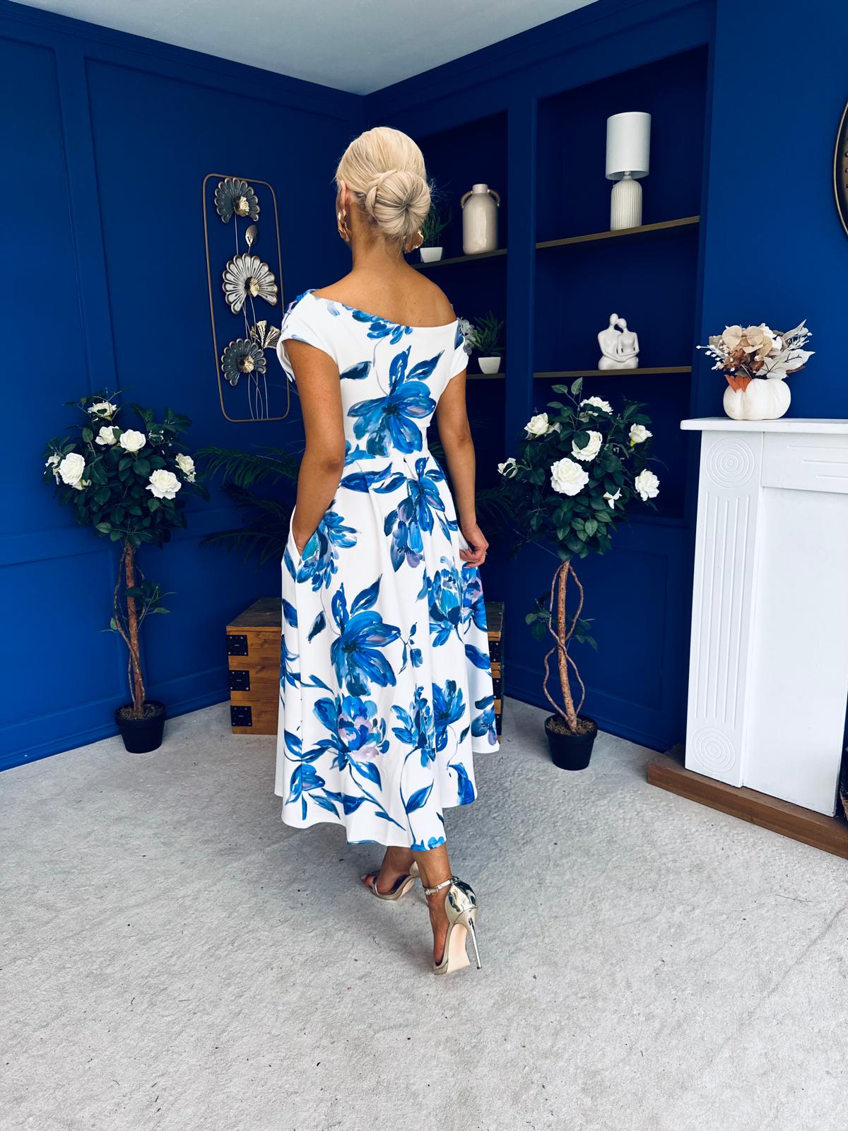 Breffy Asymmetric Neckline Skater Midi Floral Blue