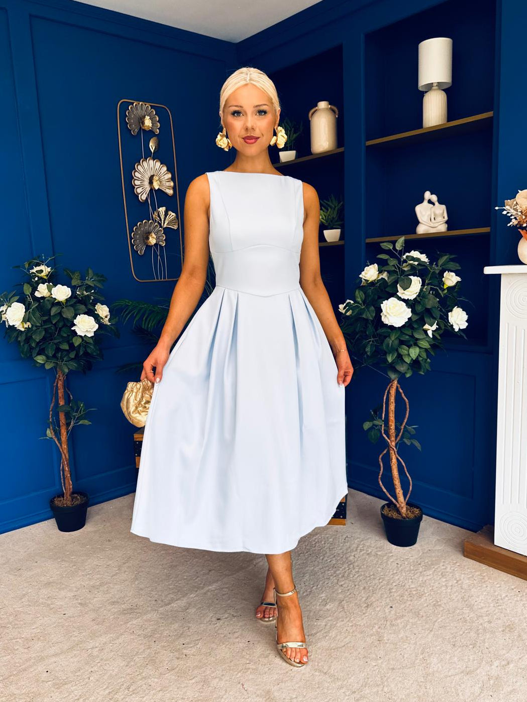 Nesta Boat Neck Skater Midi Dress Baby Blue