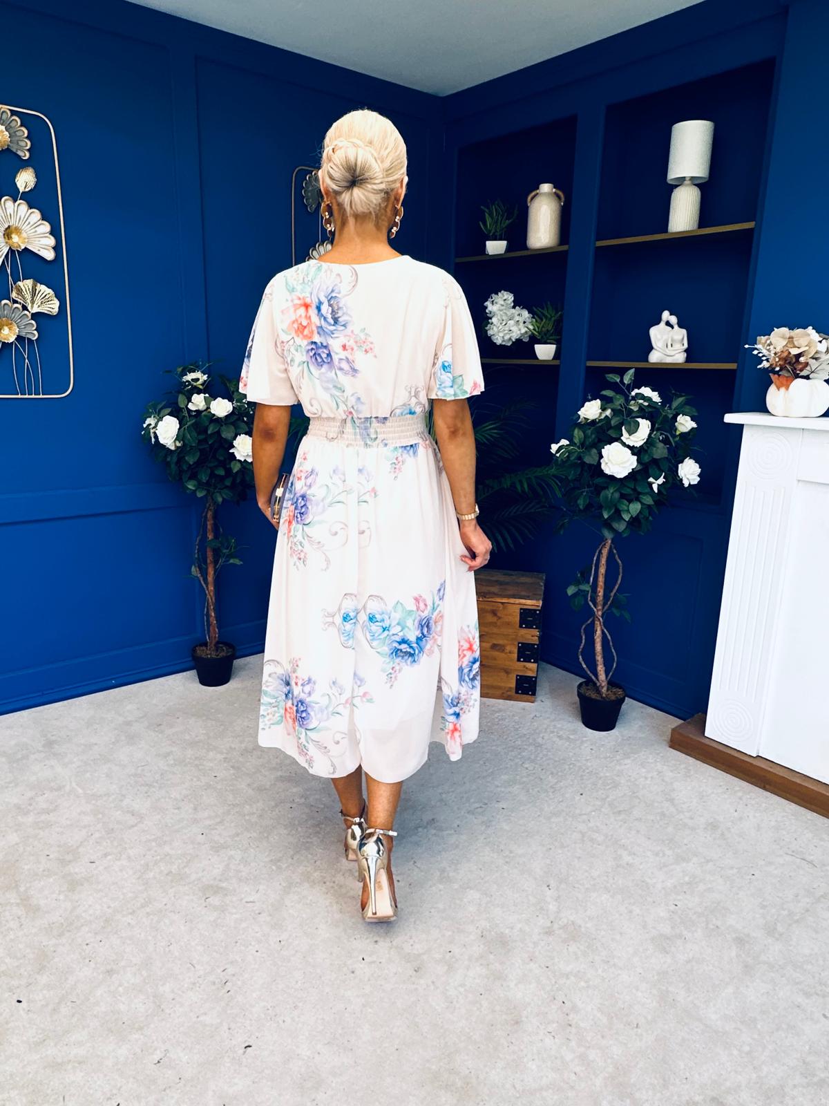 Caelan Banded Midi Dress Floral Cream