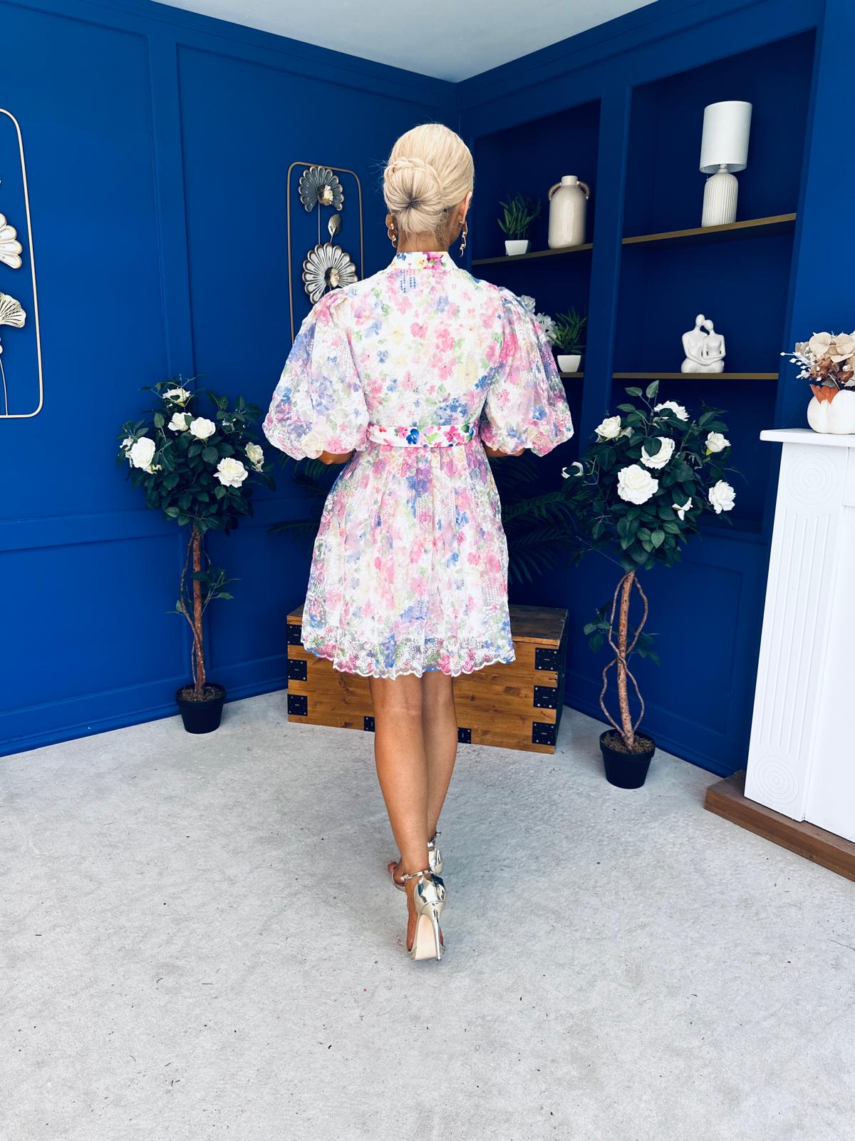 Tiana Puff Sleeve Lace Shirt Dress Floral White