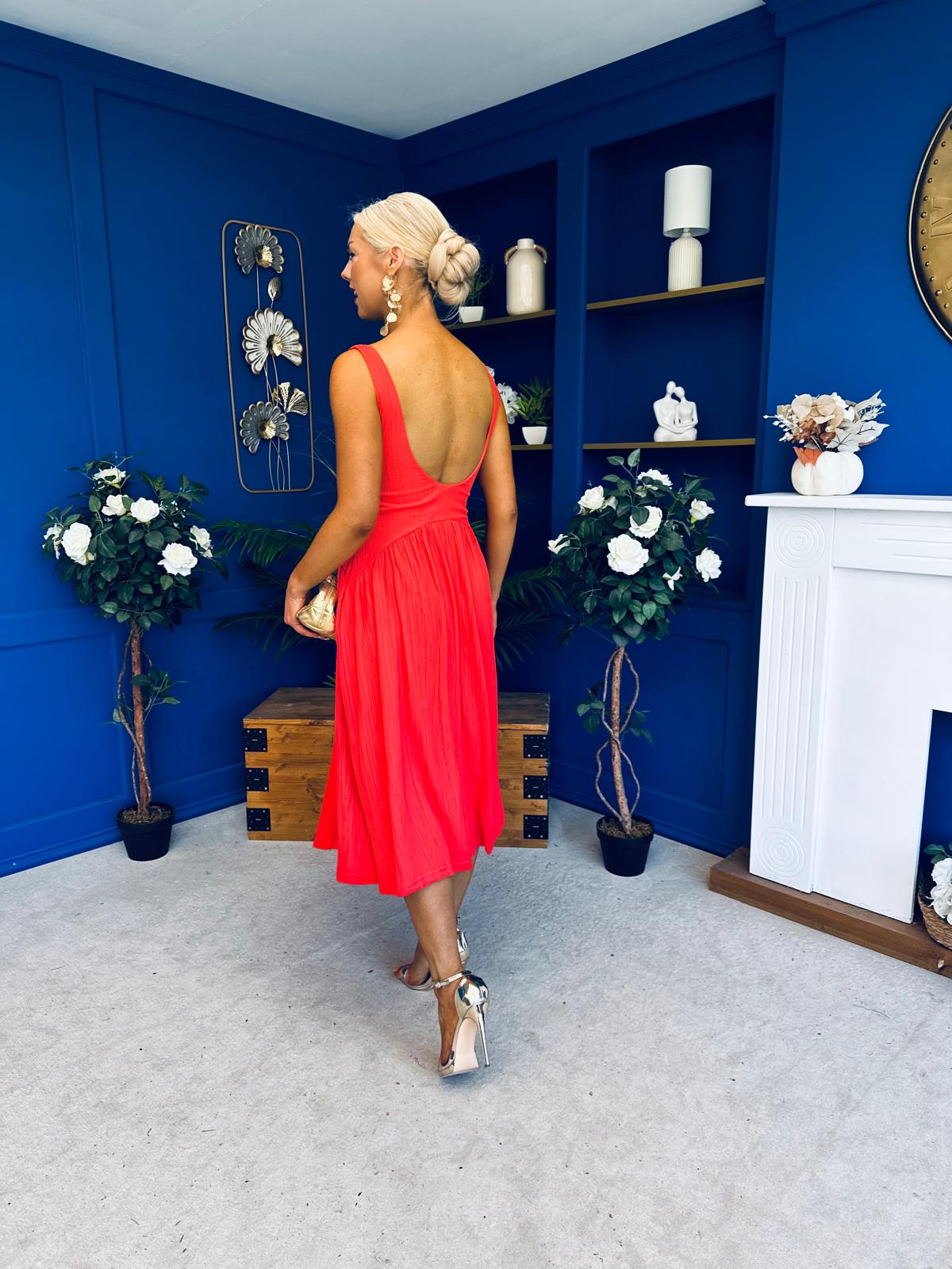 Wren Square Neck Midi Dress Coral