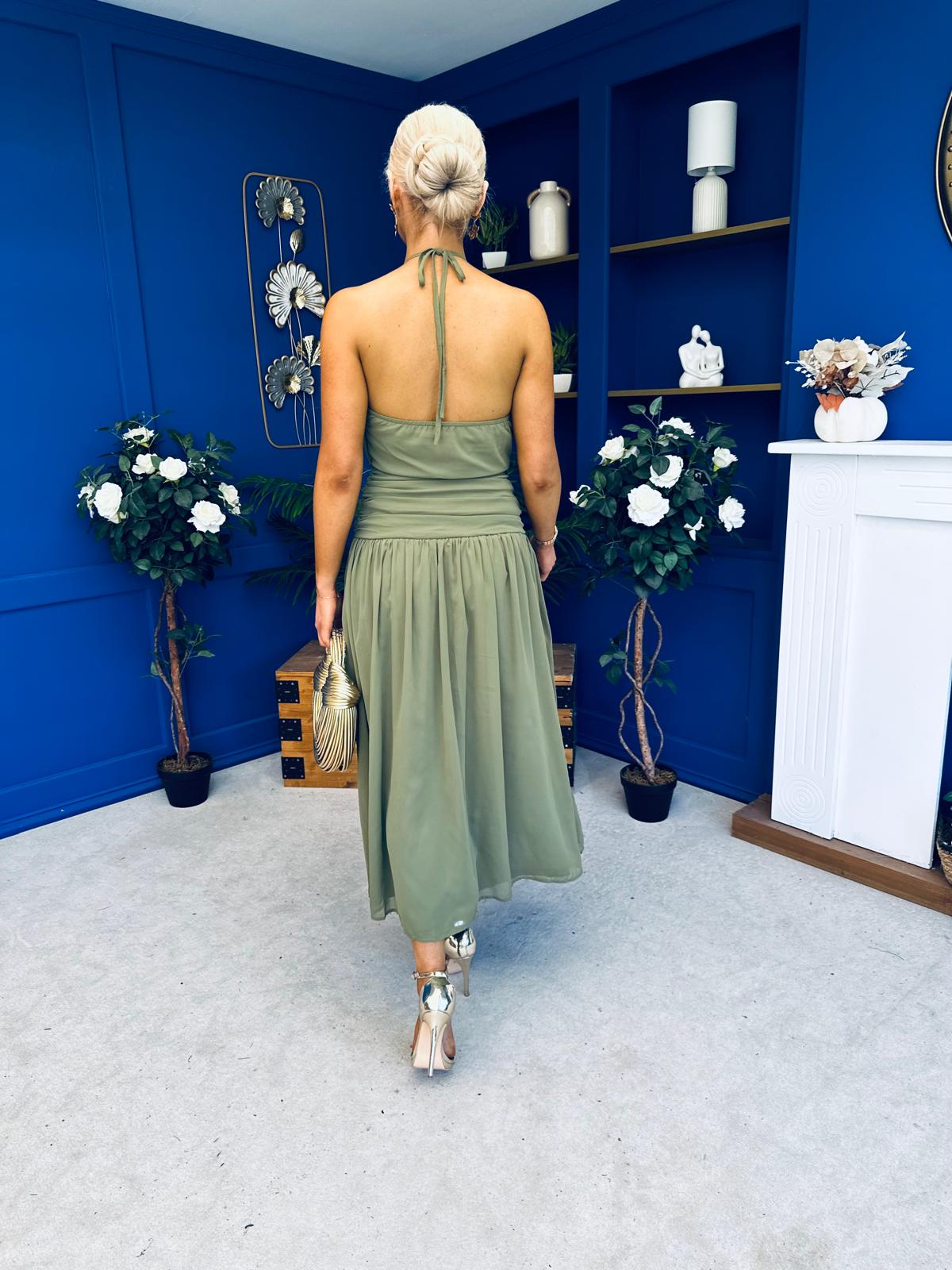 Denise High Neck Gathered Midi Dress Khaki