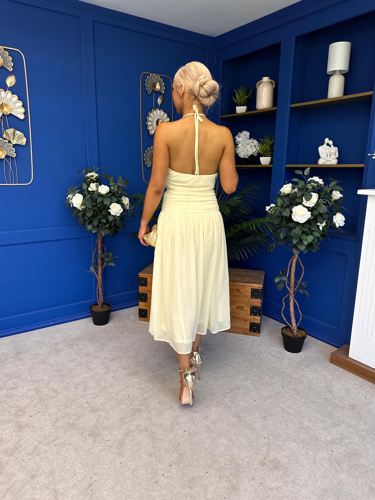 Denise High Neck Gathered Midi Dress Yellow