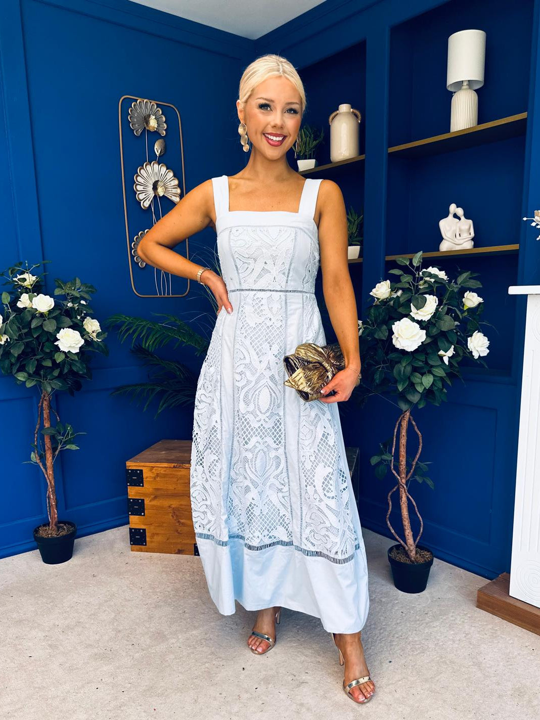Maeve Crochet Detail Occasion Midi Dress Blue