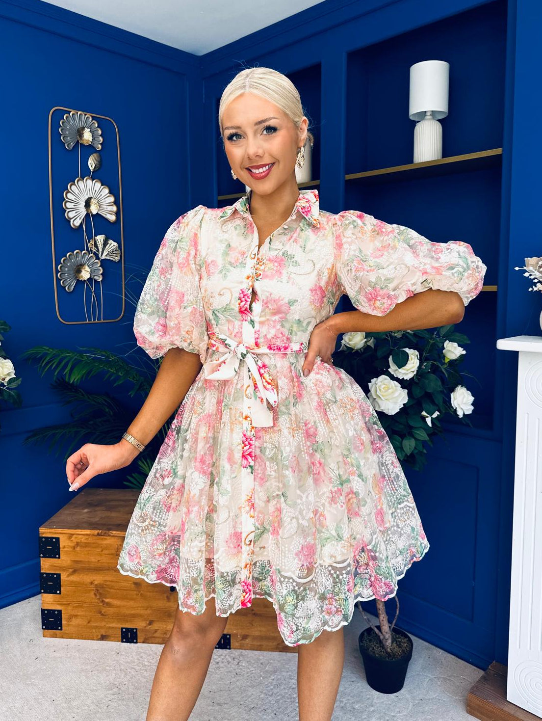 Rylan Puff Sleeve Lace Shirt Dress Floral Cream – Canella Lane