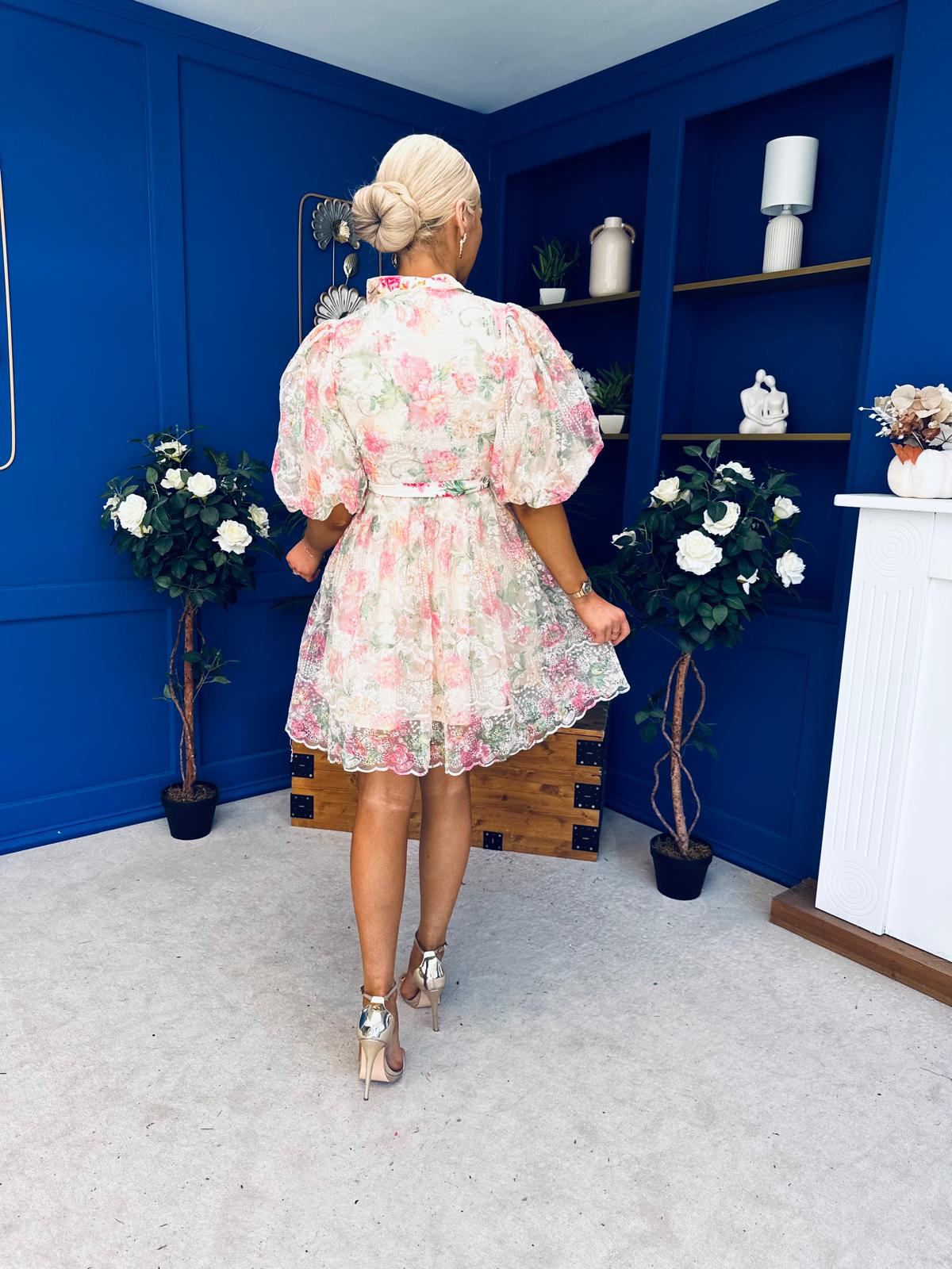 Rylan Puff Sleeve Lace Shirt Dress Floral Cream