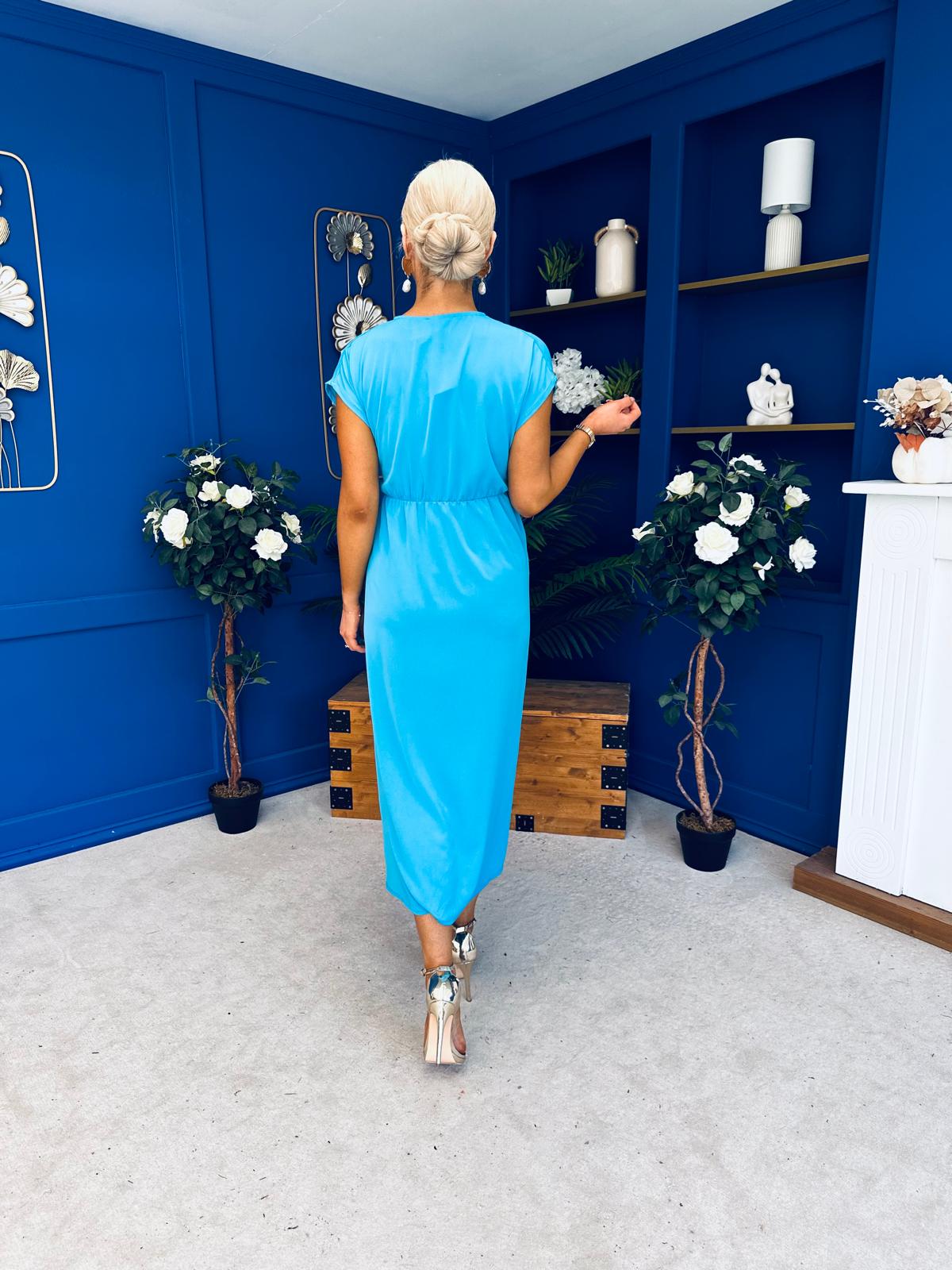 Opal Gold Clasp Detailed Midi Dress Cyan Blue