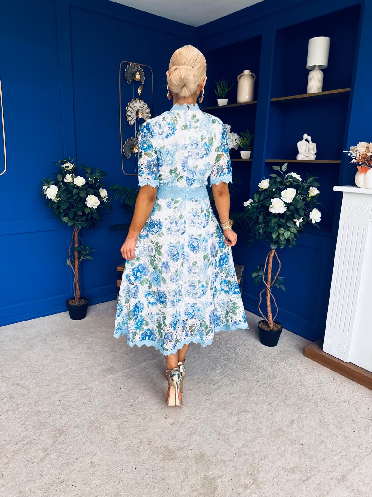 Kylie Floral Lace Occasion Dress Blue