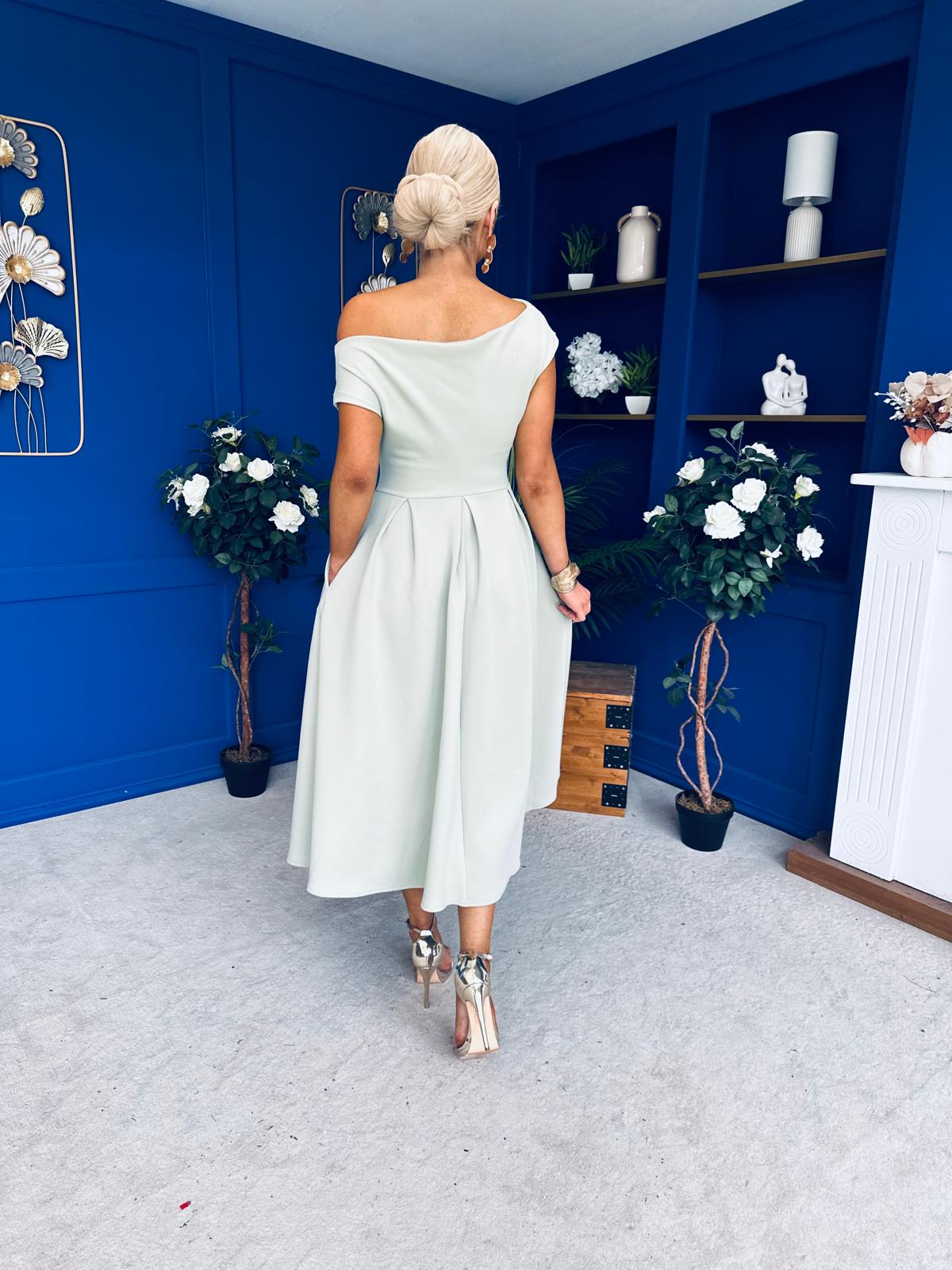 Breffy Asymmetric Neckline Skater Midi Sage