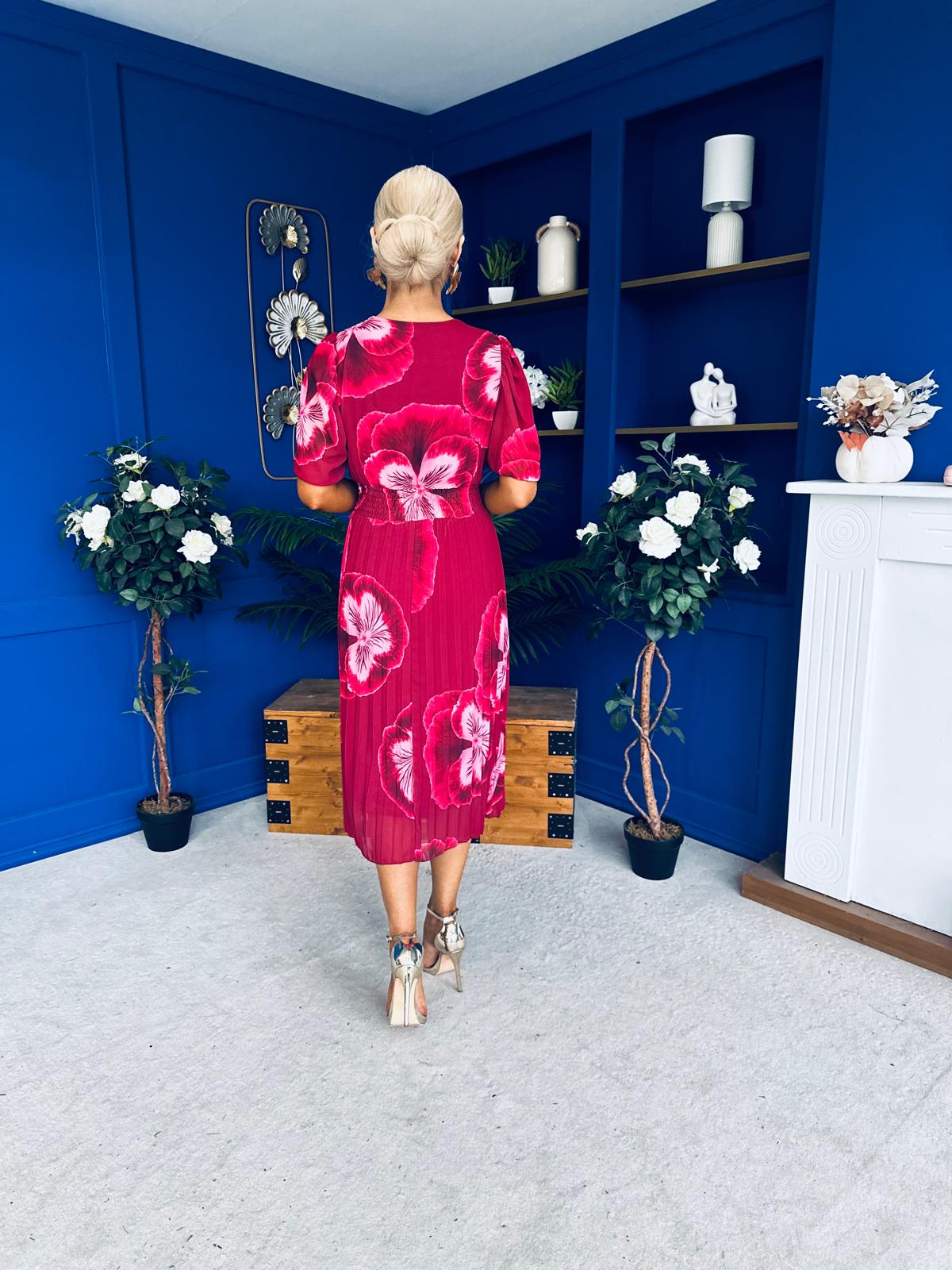 Daire Pleated Midi Dress Floral Ruby