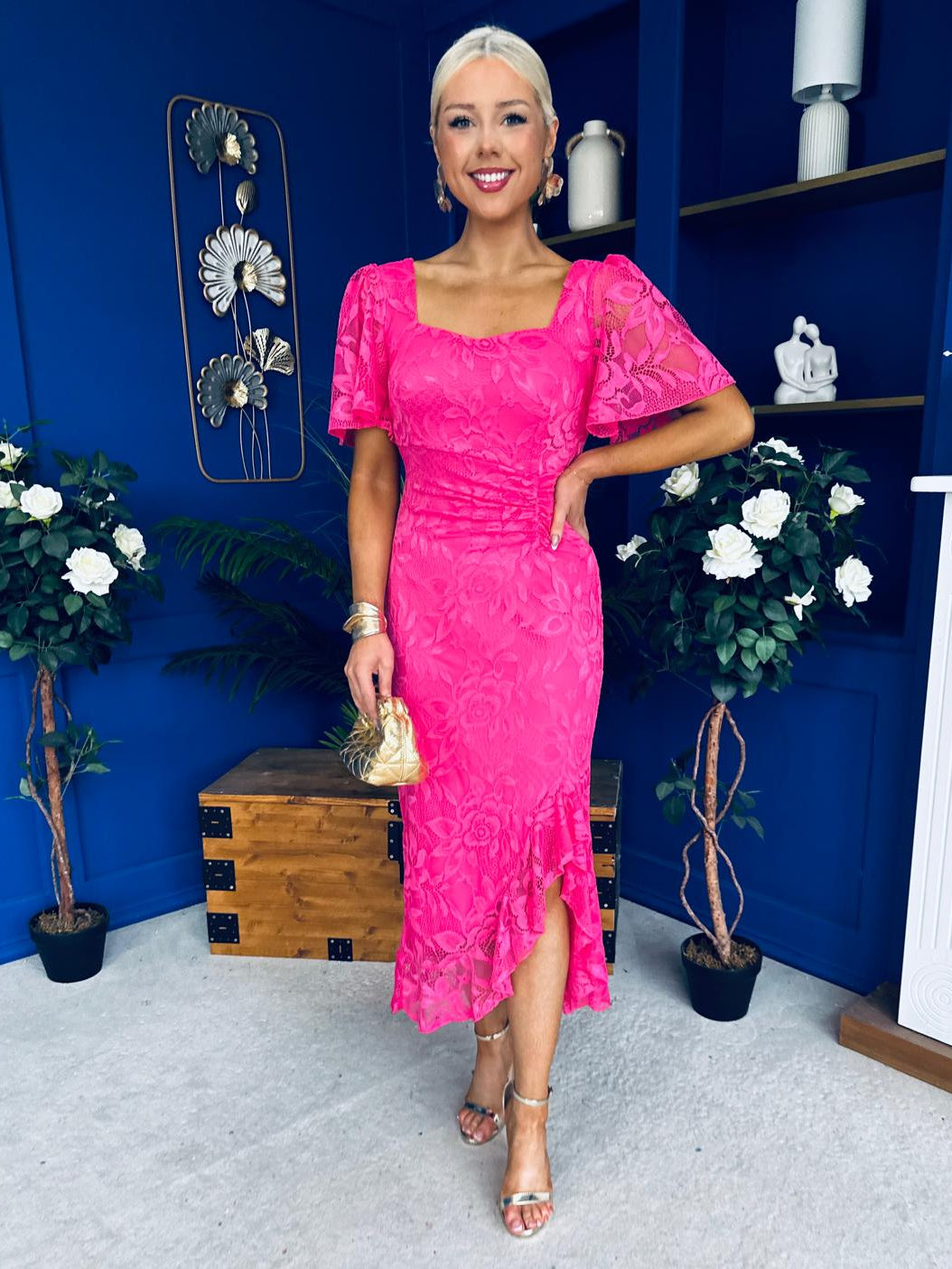 hot pink ruched midi dress Heidi Lace Detail Ruched Midi Dress Hot Pink
