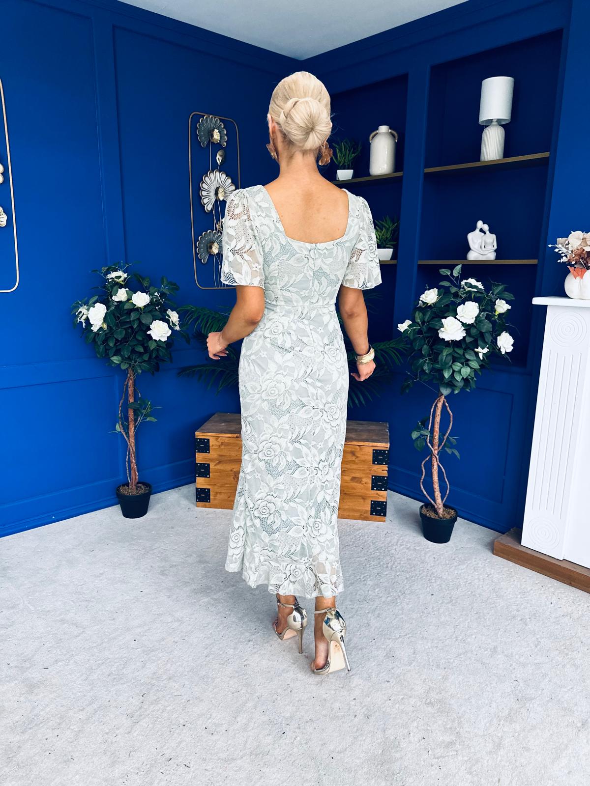Heidi Lace Detail Ruched Midi Dress Sage