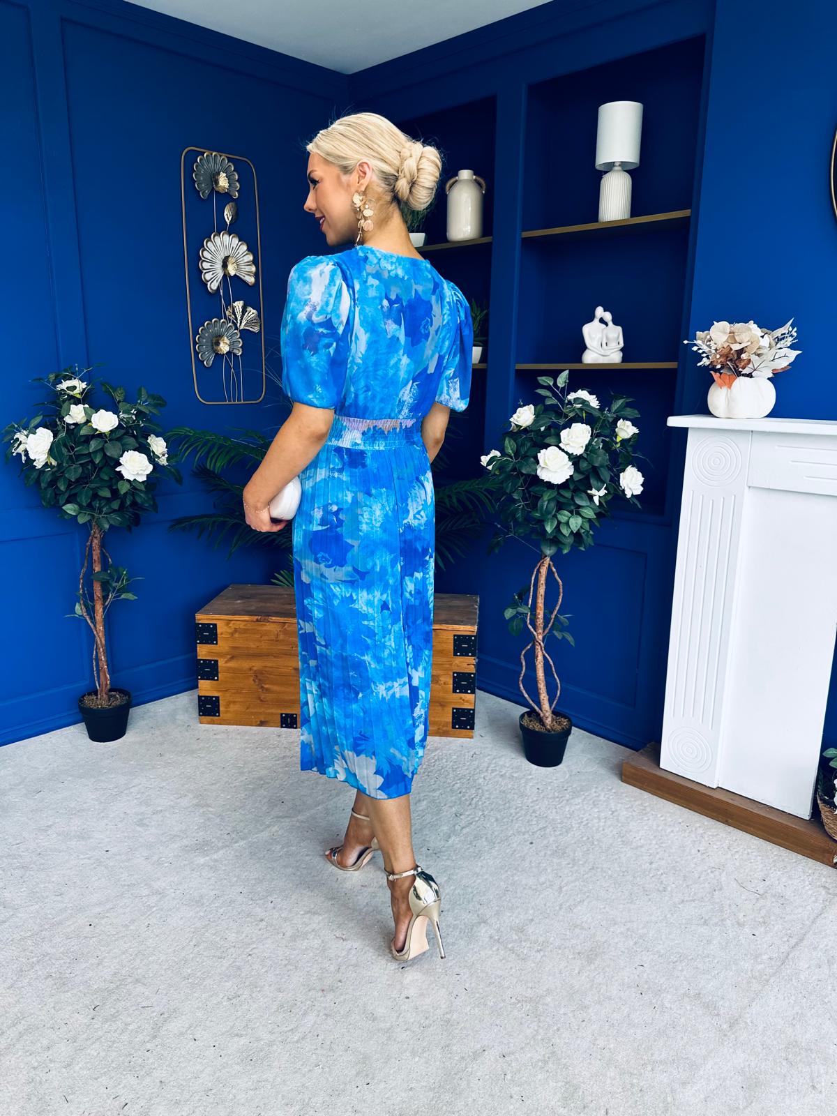 Daire Pleated Midi Dress Floral Blue