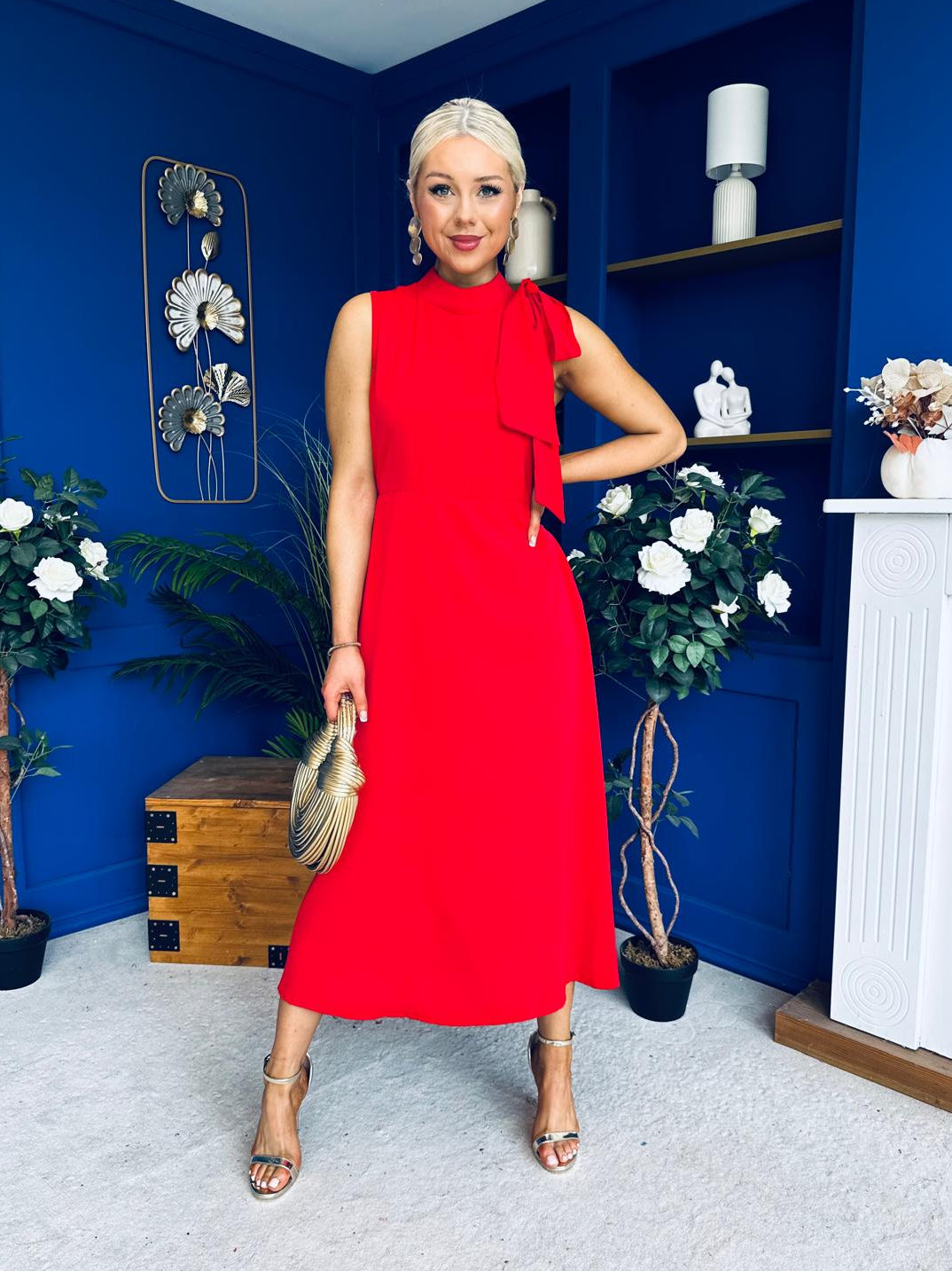 Joanna High Neck Bow Detail Midi Dress Red