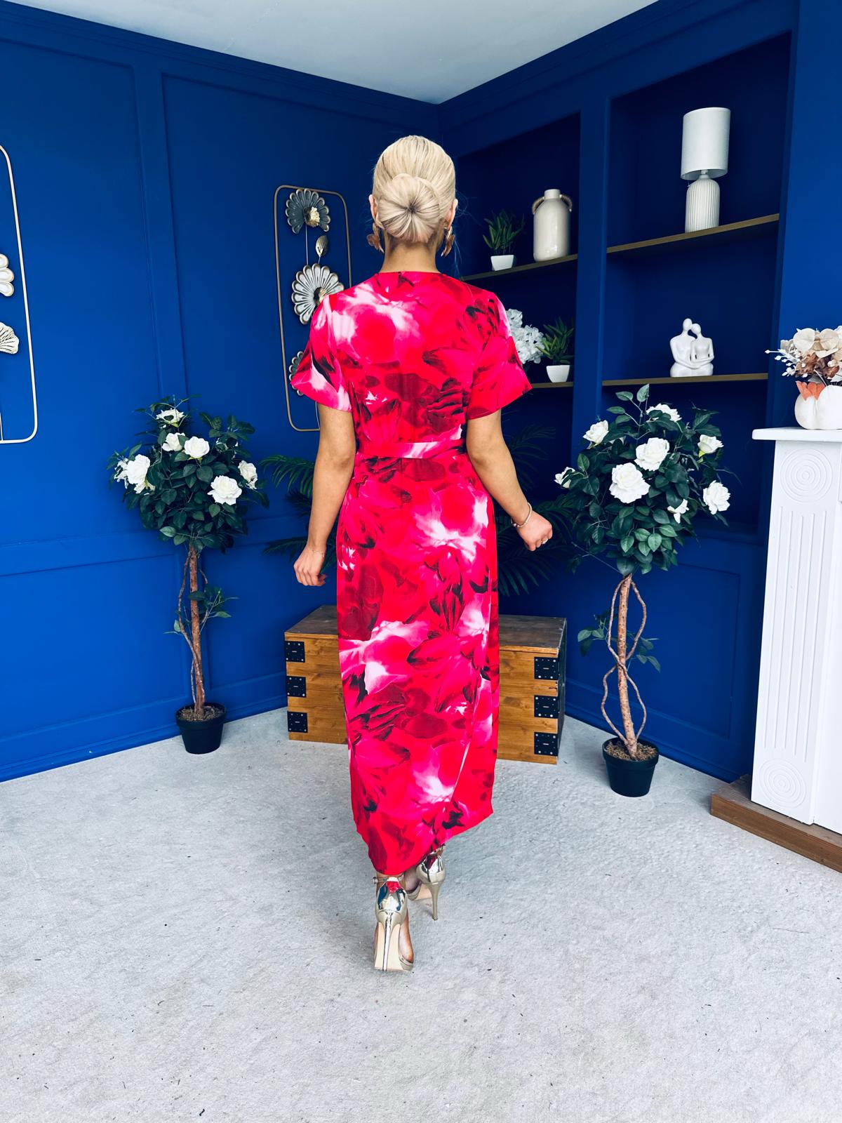 Farrah Floral Frill Detail Midi Dress Ruby Pink