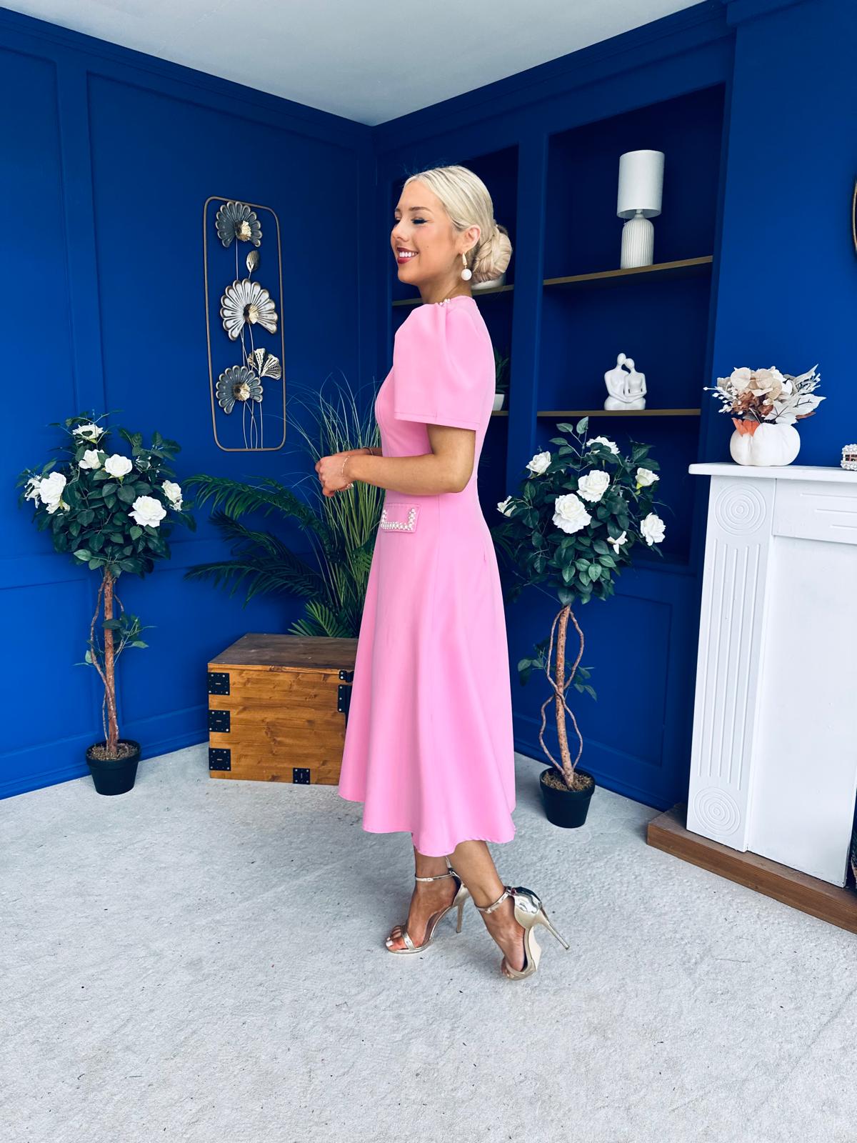 Eleanor Pearl Detail Occasion Midi Dress Pwr Pink