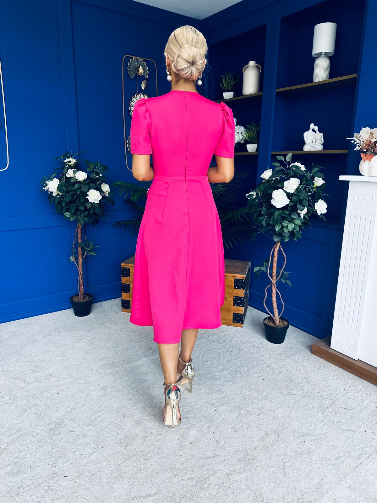 Eleanor Pearl Detail Occasion Midi Dress Hot Pink