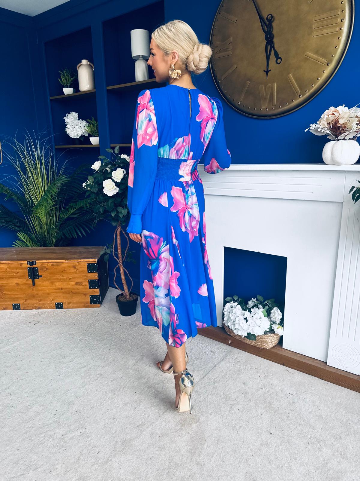 Kaylinn Banded Midi Dress Floral Cobalt
